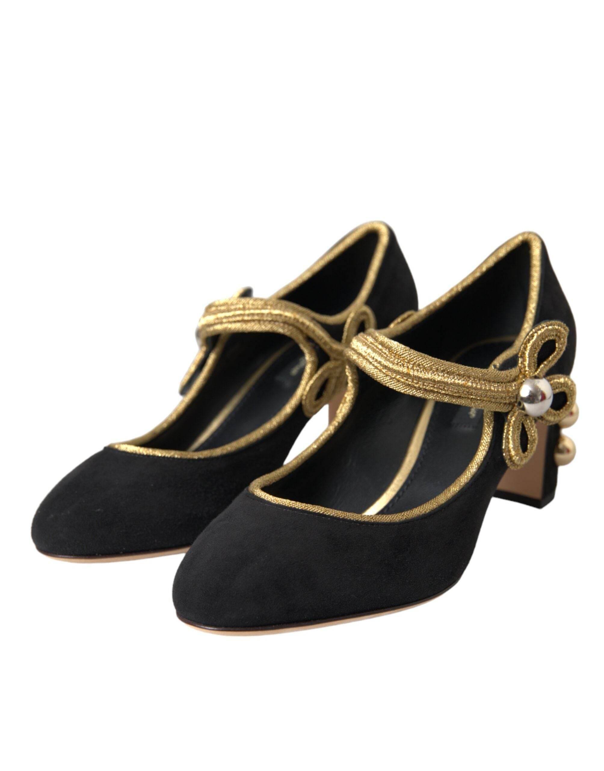 Dolce & Gabbana Black Suede Gold Mary Janes Heels Pumps Shoes - Hilstor