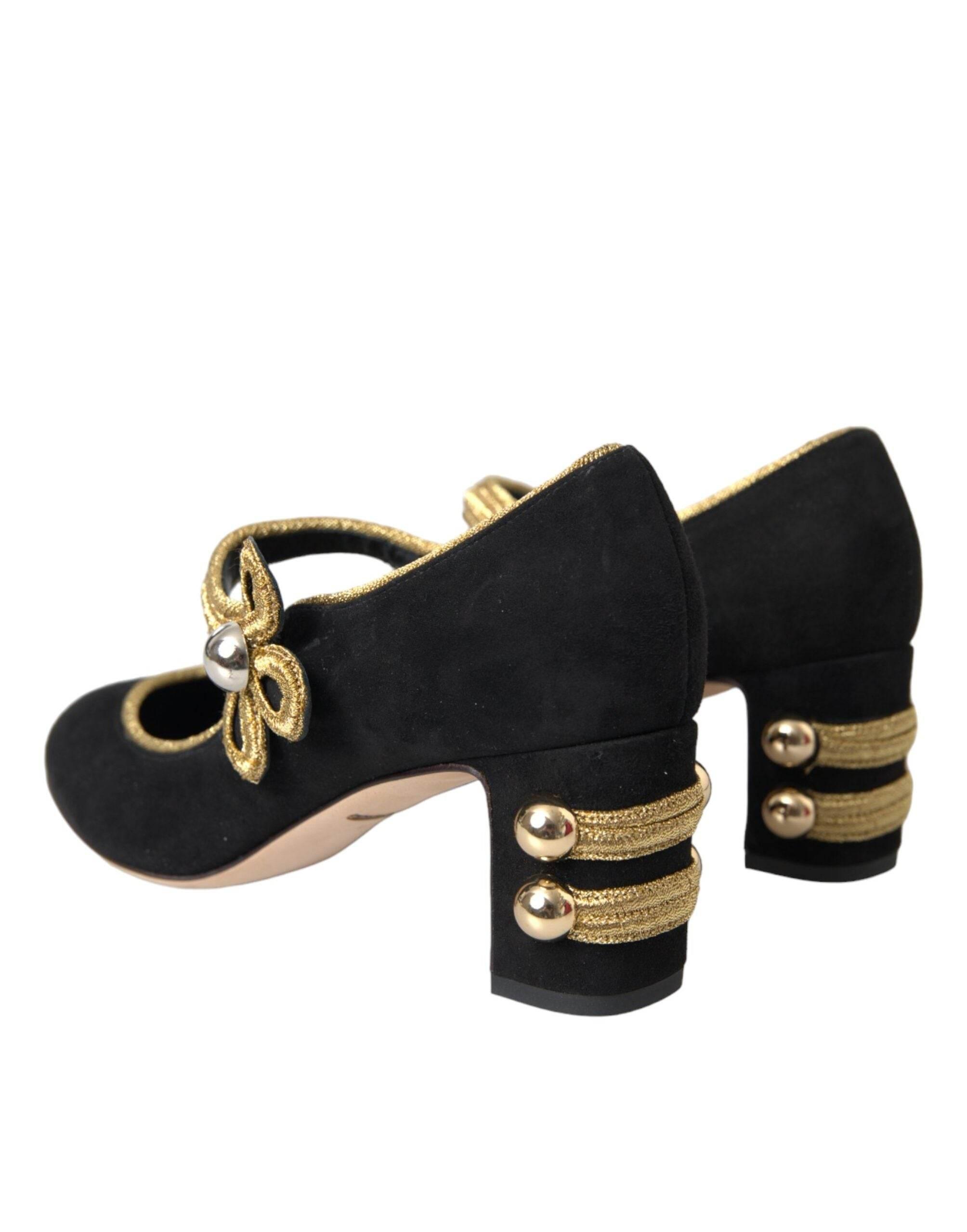 Dolce & Gabbana Black Suede Gold Mary Janes Heels Pumps Shoes - Hilstor