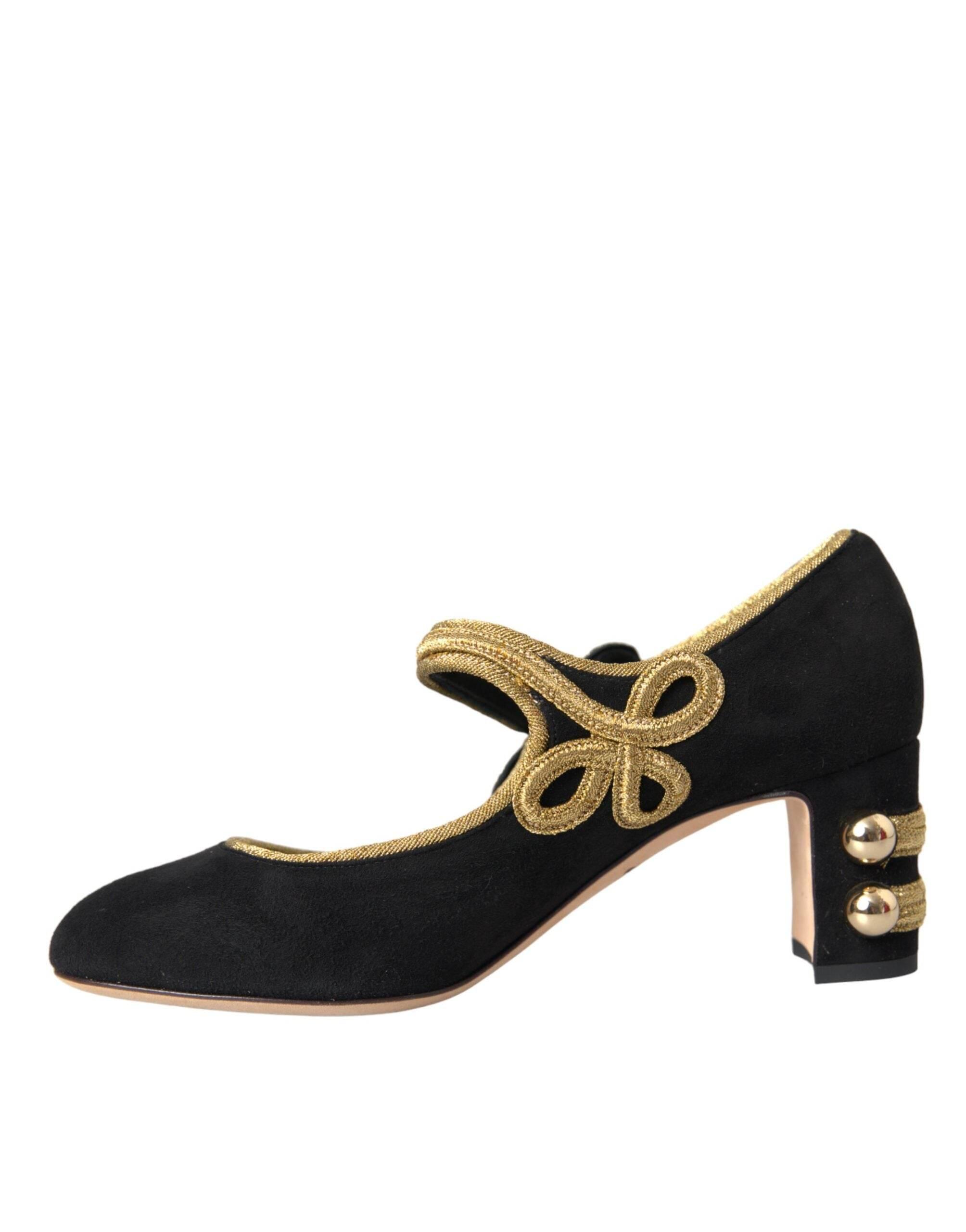 Dolce & Gabbana Black Suede Gold Mary Janes Heels Pumps Shoes - Hilstor