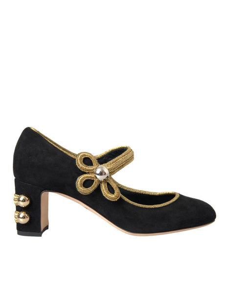 Dolce & Gabbana Black Suede Gold Mary Janes Heels Pumps Shoes - Hilstor