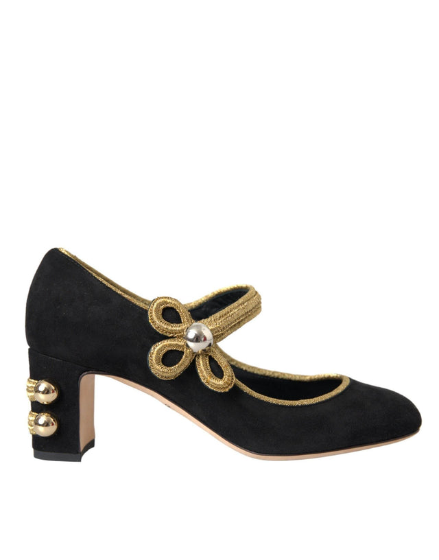 Dolce & Gabbana Black Suede Gold Mary Janes Heels Pumps Shoes - Hilstor
