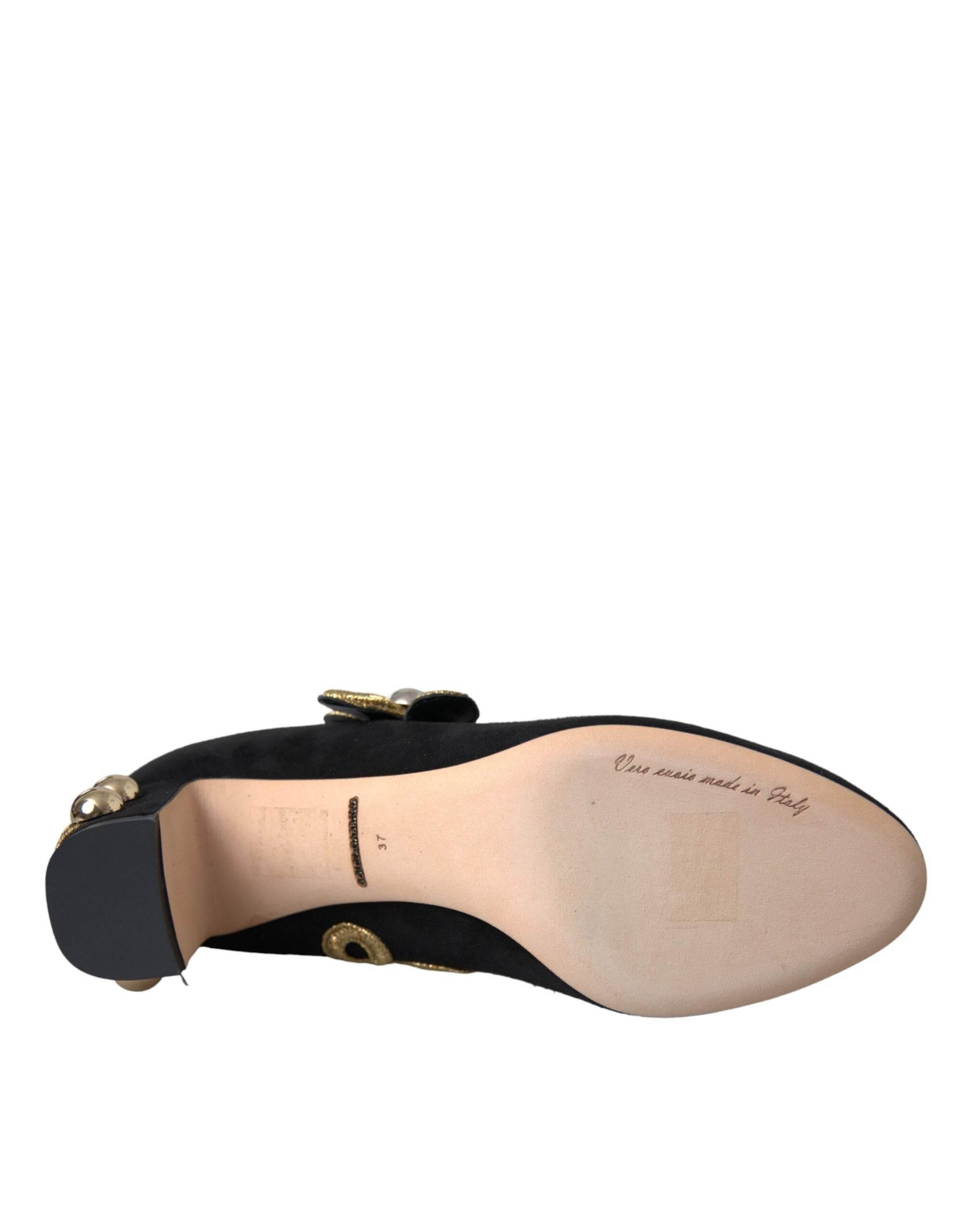 Dolce & Gabbana Black Suede Gold Mary Janes Heels Pumps Shoes - Hilstor