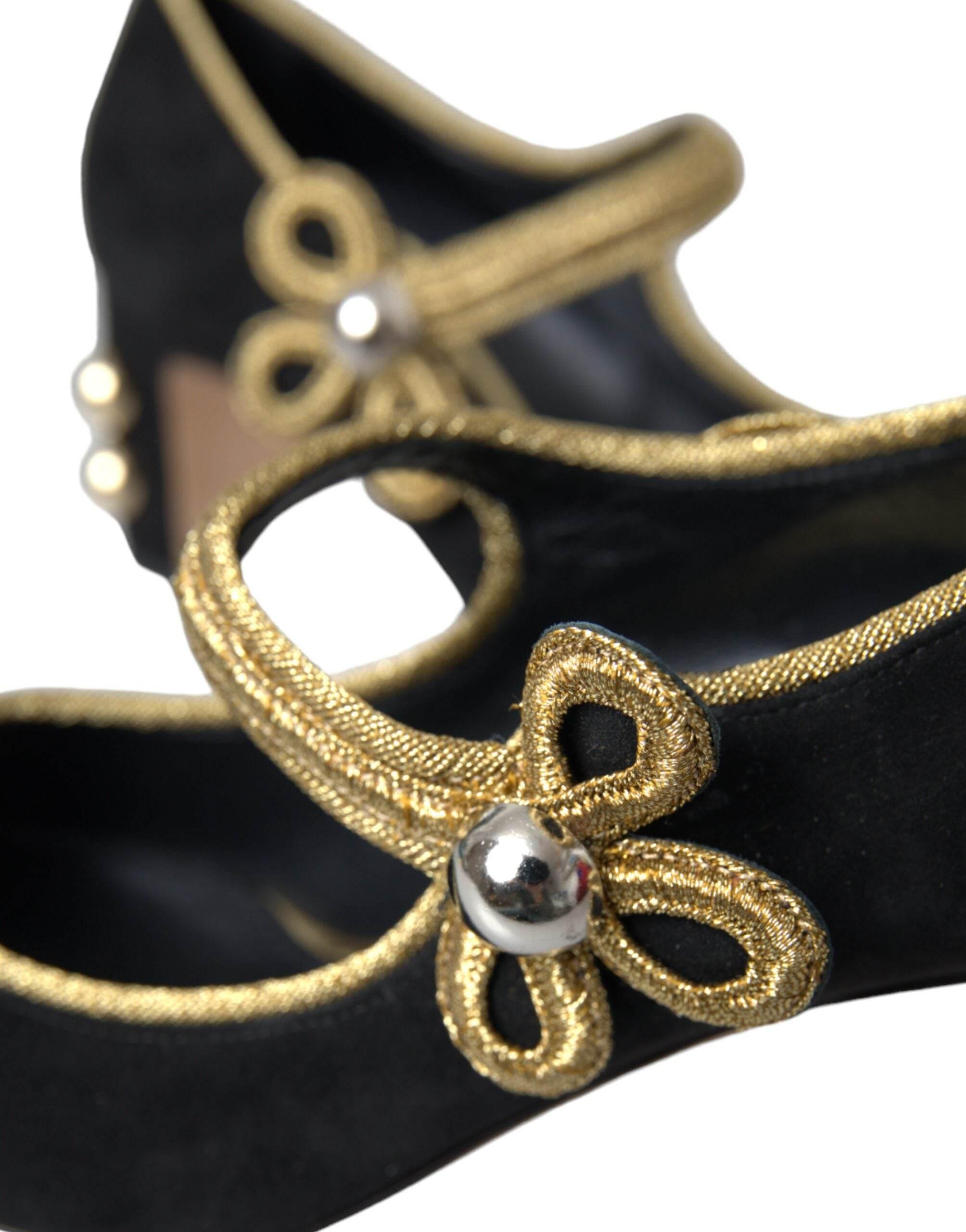 Dolce & Gabbana Black Suede Gold Mary Janes Heels Pumps Shoes - Hilstor