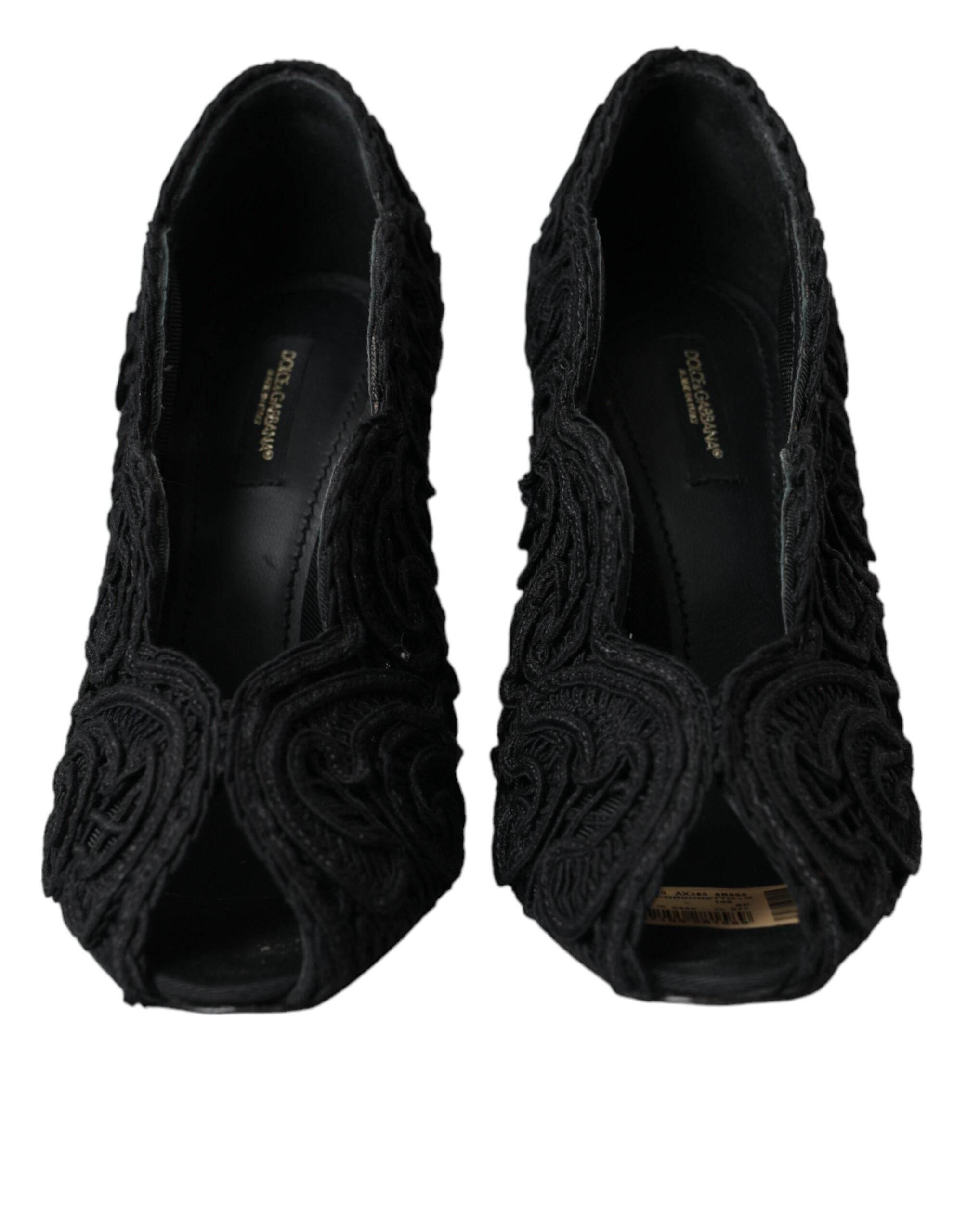 Dolce & Gabbana Black Cordonetto Ricamo Pump Open Toe Shoes - Hilstor