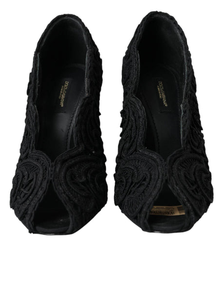 Dolce & Gabbana Black Cordonetto Ricamo Pump Open Toe Shoes - Hilstor