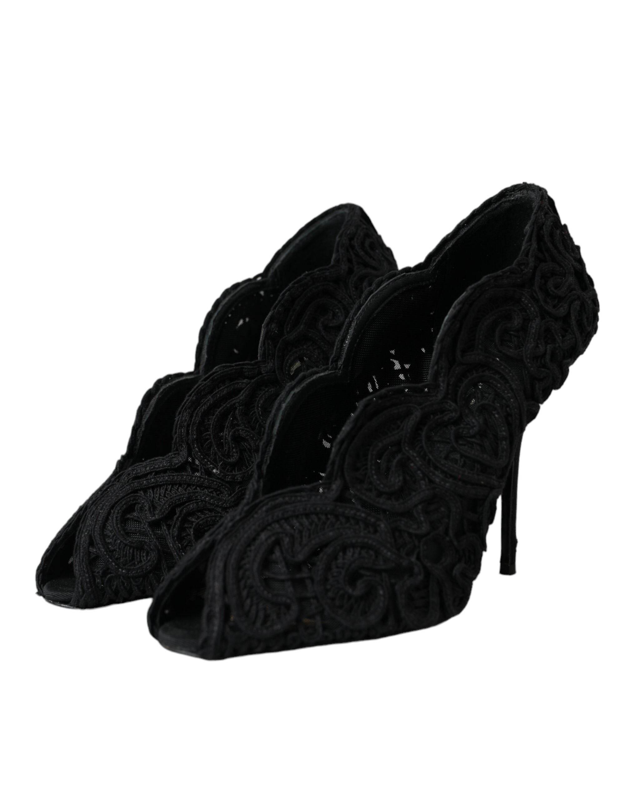 Dolce & Gabbana Black Cordonetto Ricamo Pump Open Toe Shoes - Hilstor