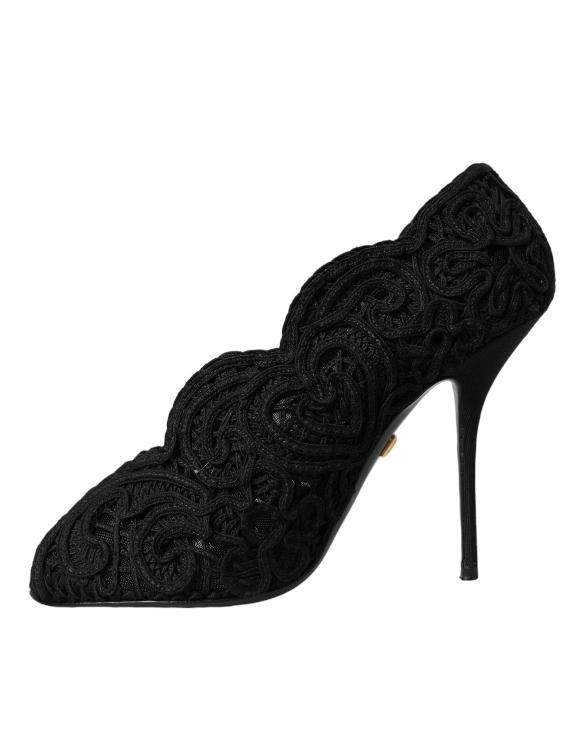 Dolce & Gabbana Black Cordonetto Ricamo Pump Open Toe Shoes - Hilstor
