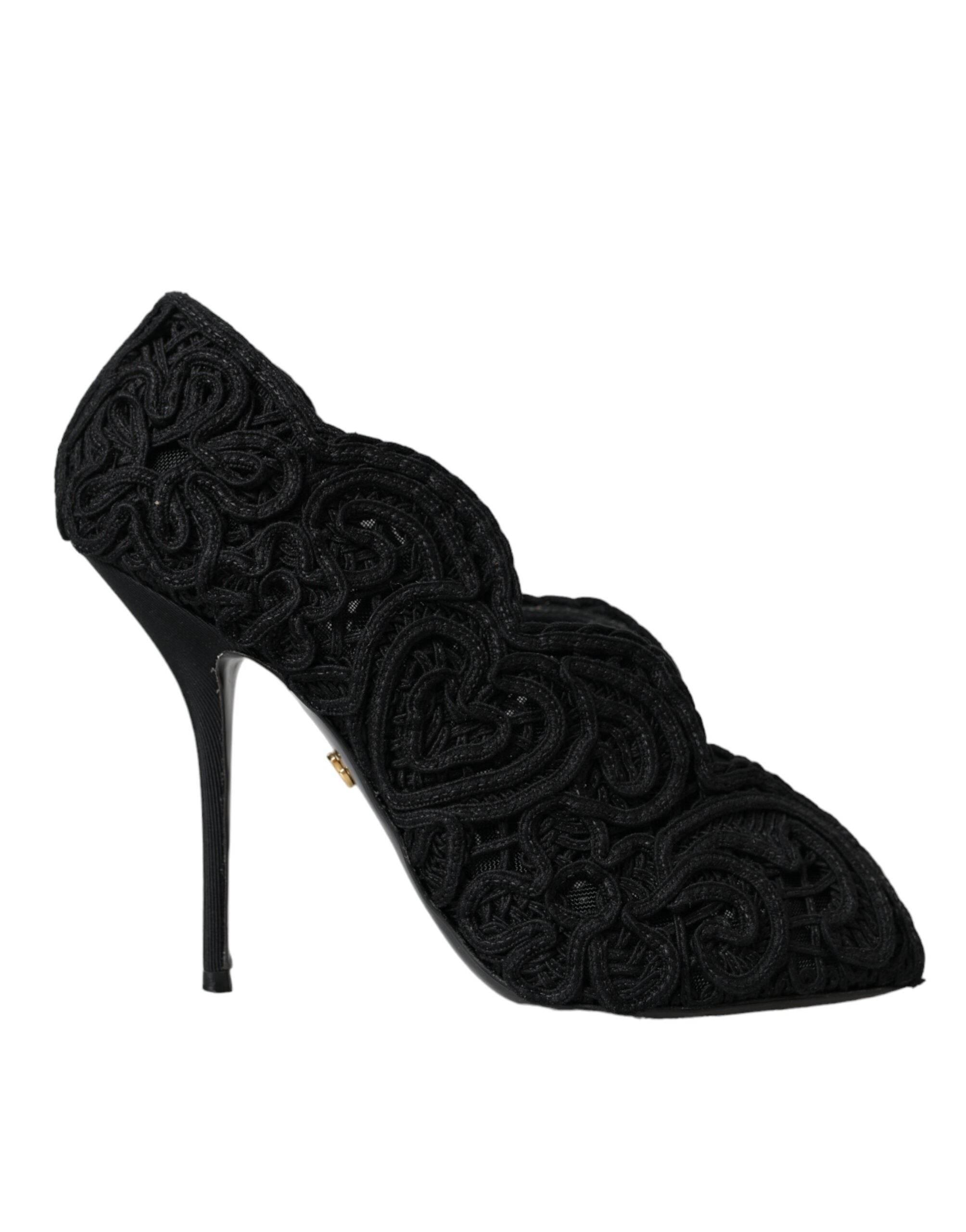 Dolce & Gabbana Black Cordonetto Ricamo Pump Open Toe Shoes - Hilstor