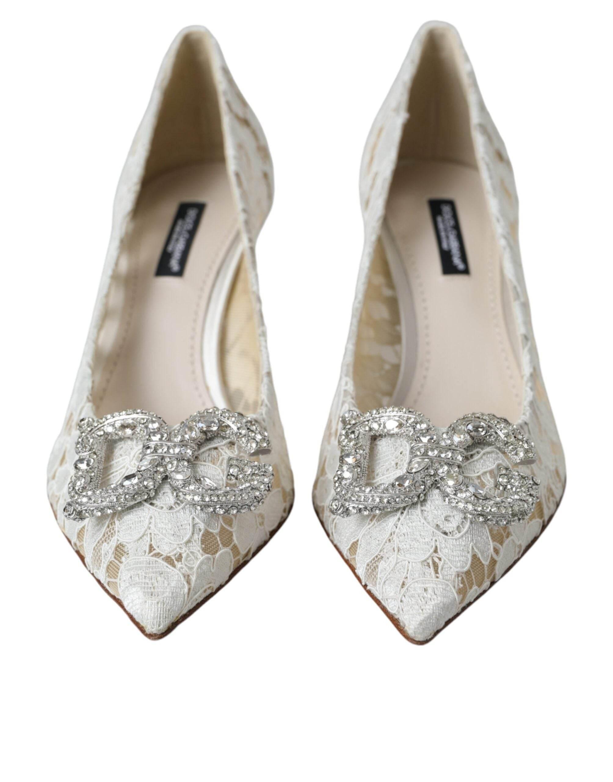 Dolce & Gabbana White Floral Lace DG Crystal Pumps Shoes - Hilstor
