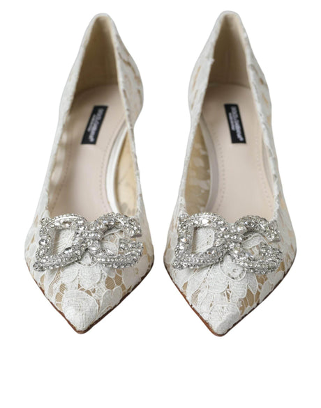 Dolce & Gabbana White Floral Lace DG Crystal Pumps Shoes - Hilstor