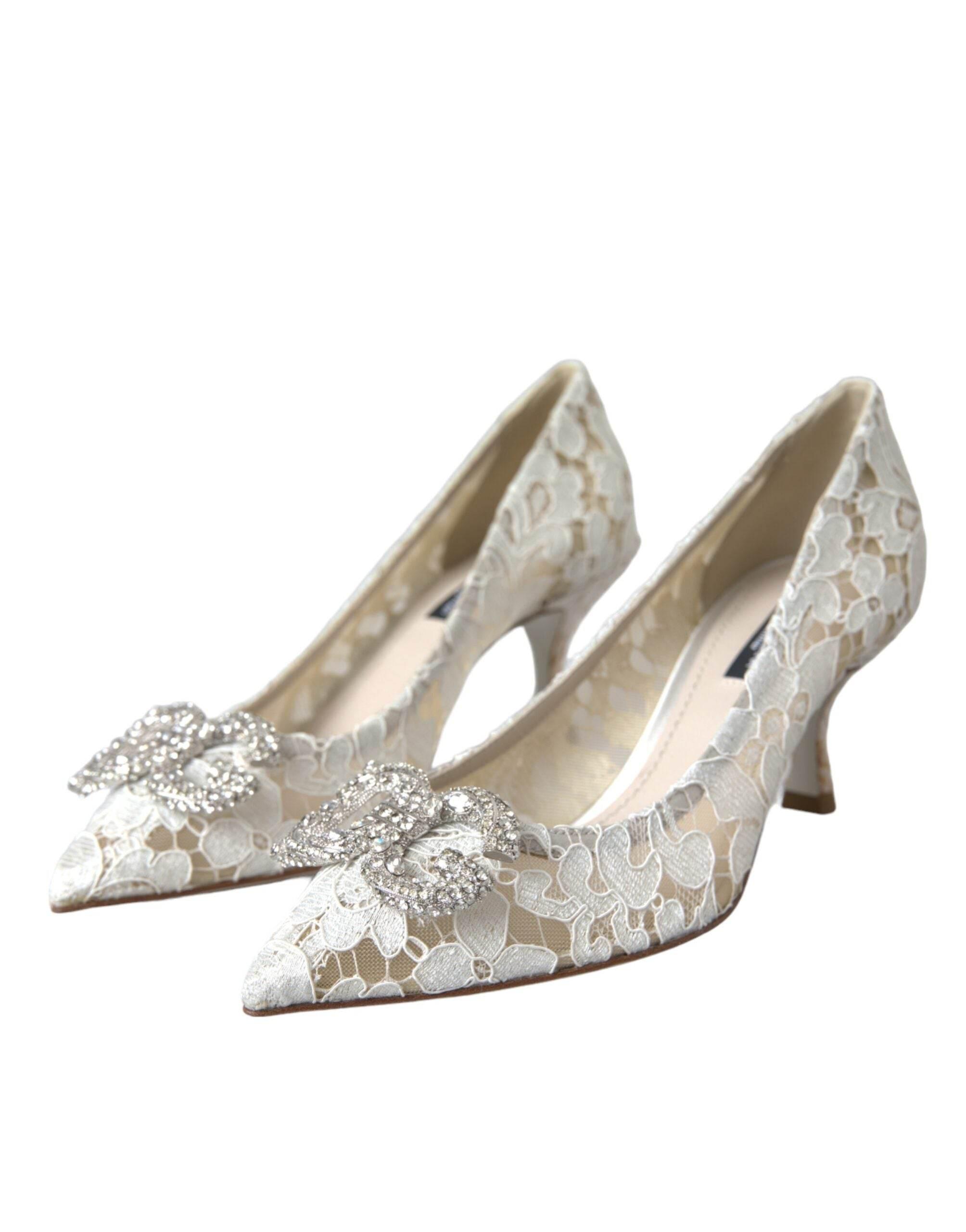Dolce & Gabbana White Floral Lace DG Crystal Pumps Shoes - Hilstor