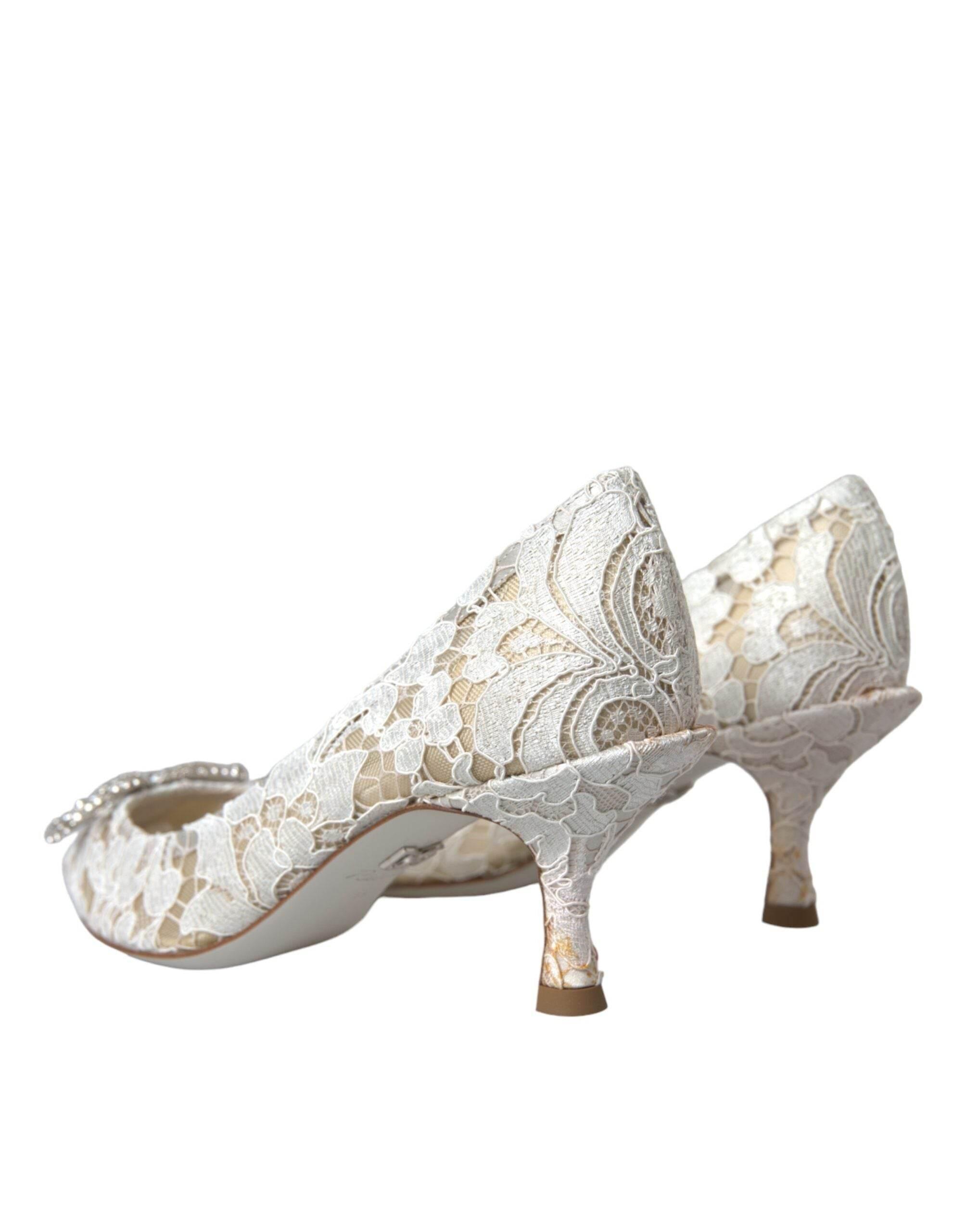Dolce & Gabbana White Floral Lace DG Crystal Pumps Shoes - Hilstor