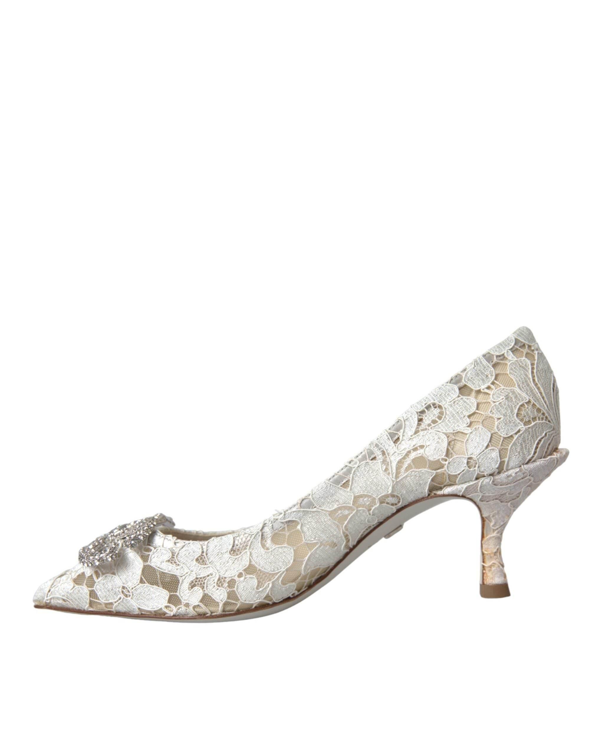 Dolce & Gabbana White Floral Lace DG Crystal Pumps Shoes - Hilstor