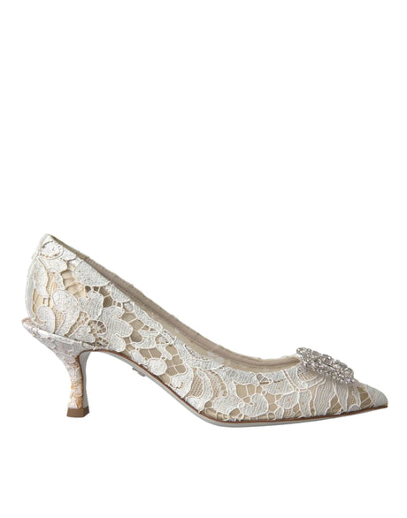 Dolce & Gabbana White Floral Lace DG Crystal Pumps Shoes - Hilstor