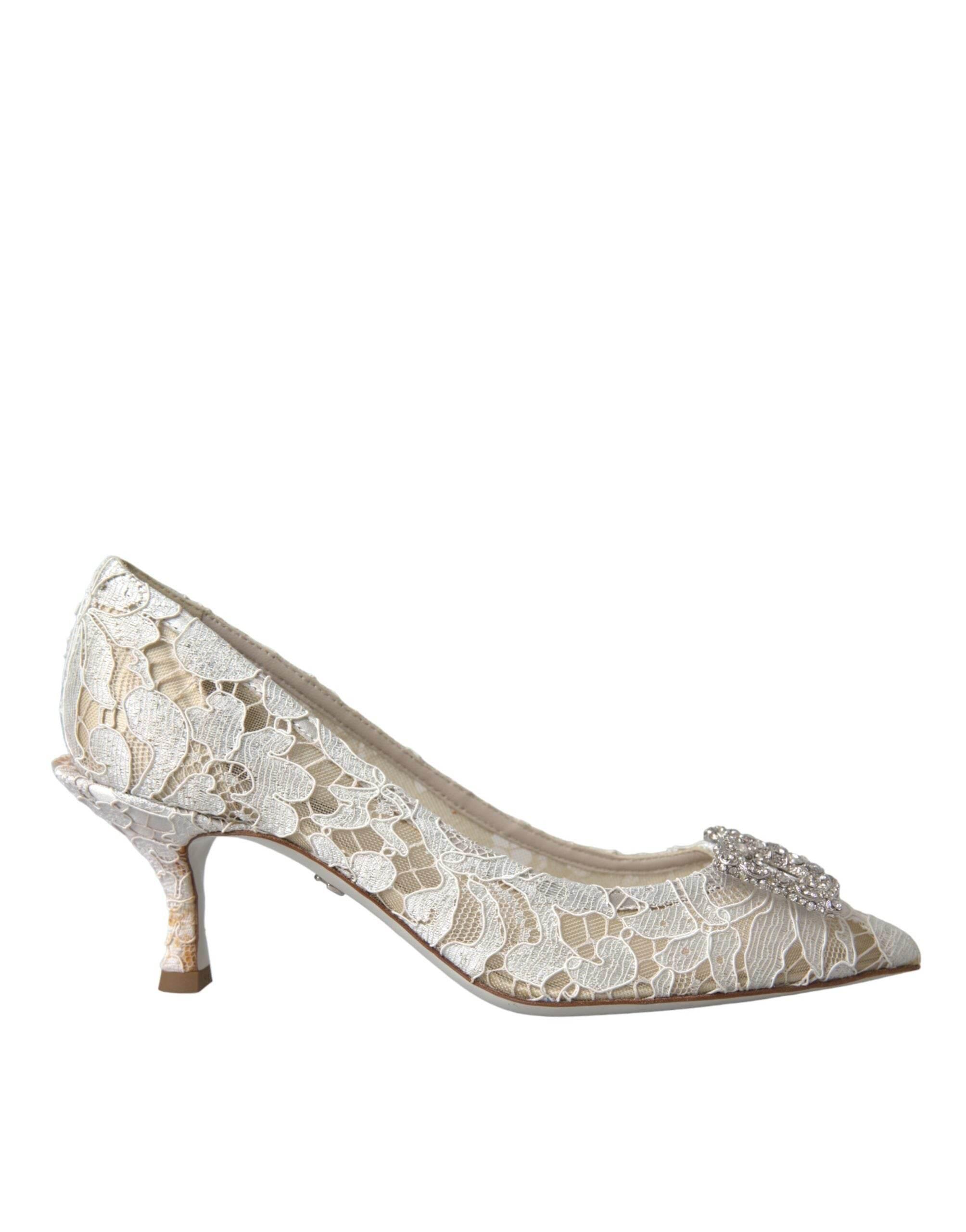 Dolce & Gabbana White Floral Lace DG Crystal Pumps Shoes - Hilstor