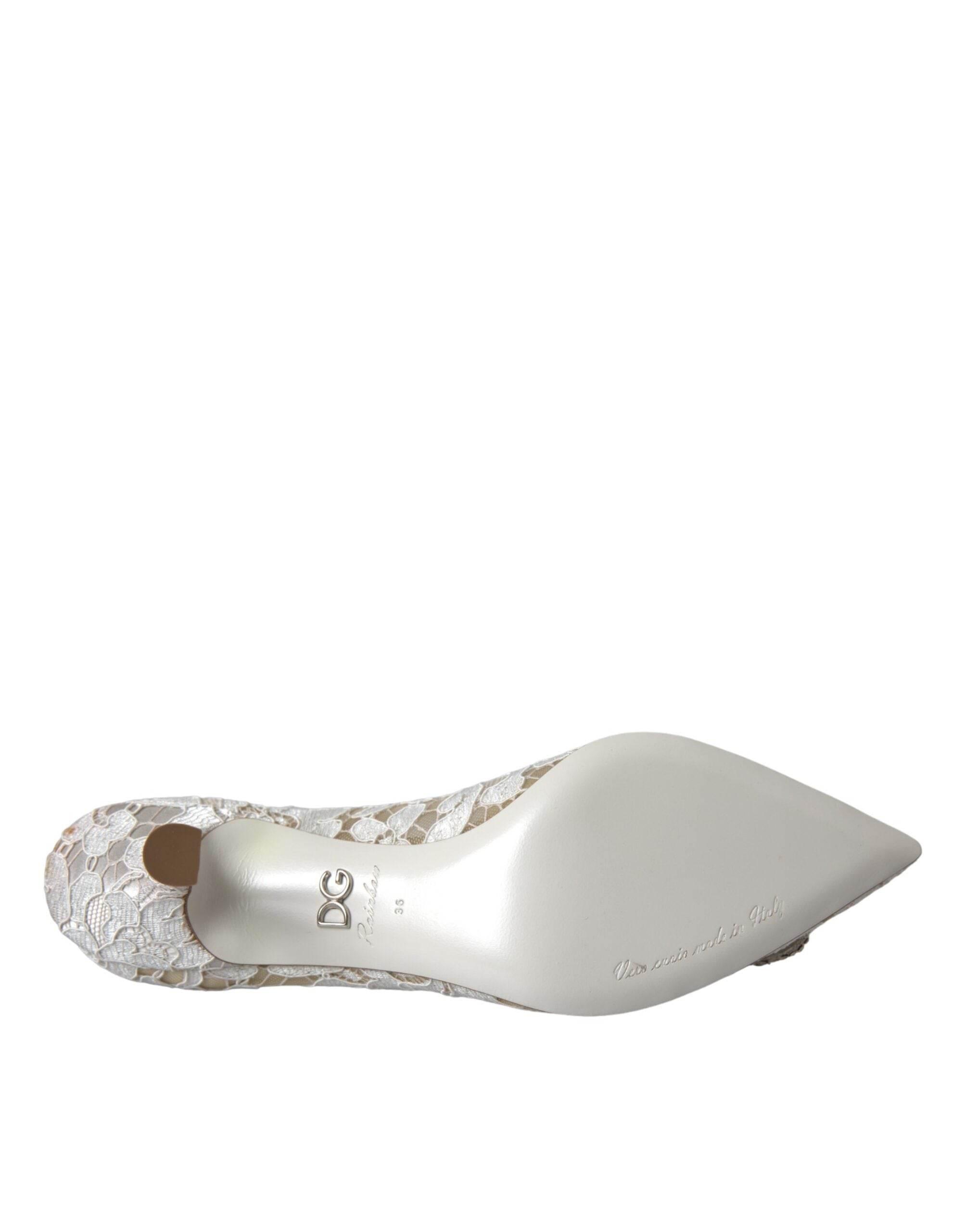 Dolce & Gabbana White Floral Lace DG Crystal Pumps Shoes - Hilstor