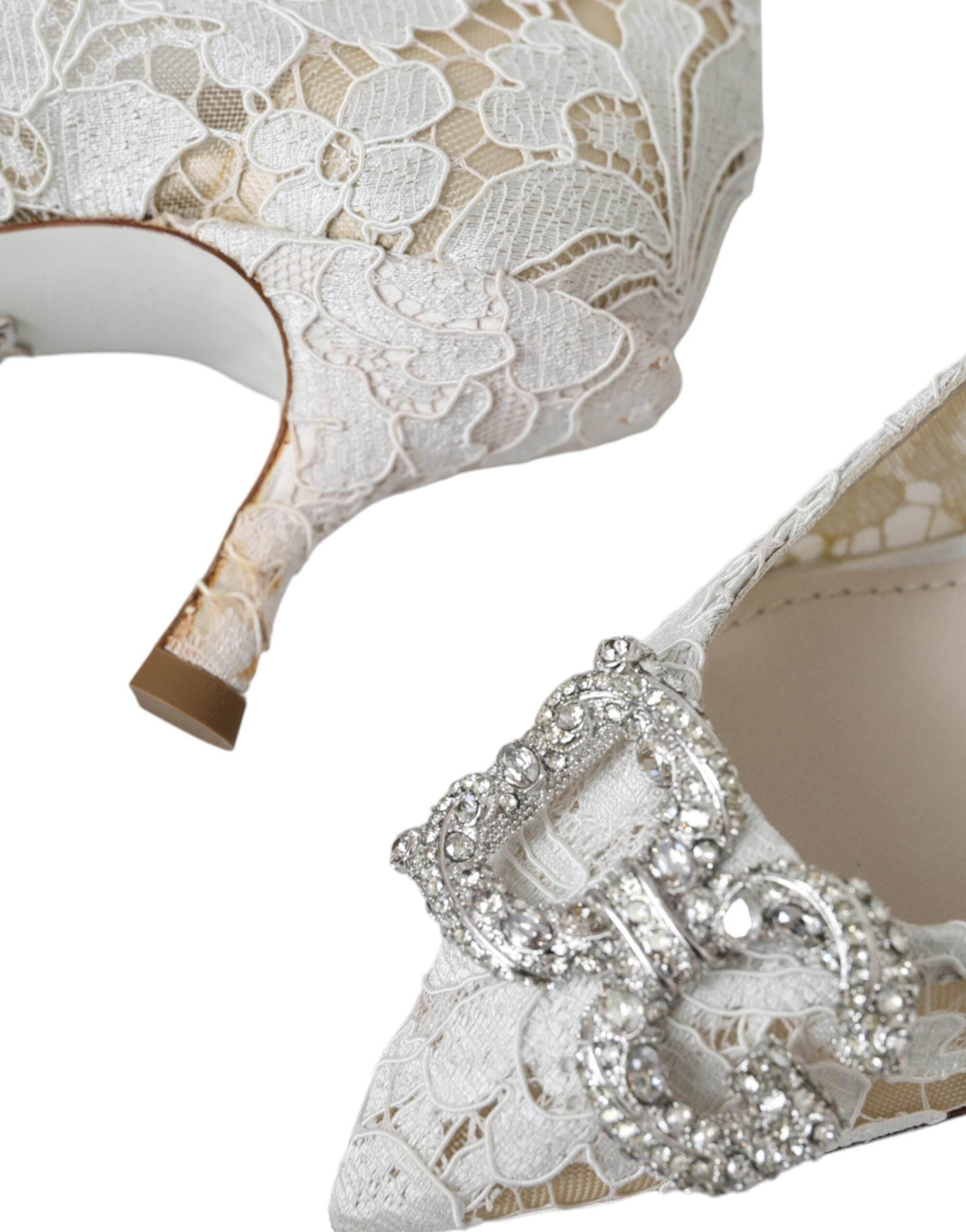 Dolce & Gabbana White Floral Lace DG Crystal Pumps Shoes - Hilstor