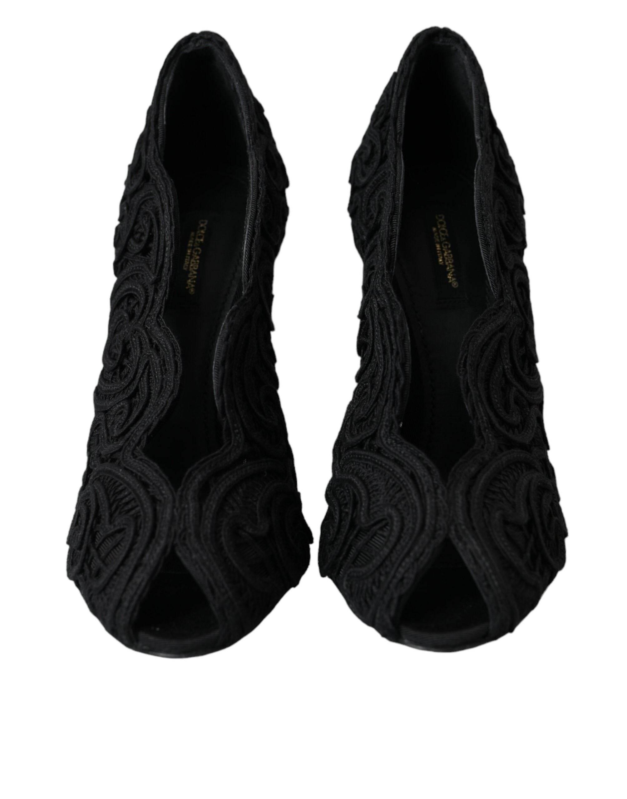Dolce & Gabbana Black Cordonetto Ricamo Pump Open Toe Shoes - Hilstor