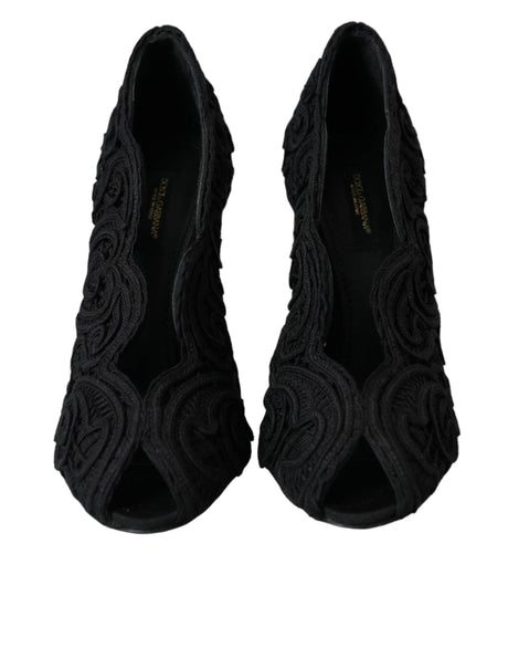 Dolce & Gabbana Black Cordonetto Ricamo Pump Open Toe Shoes - Hilstor