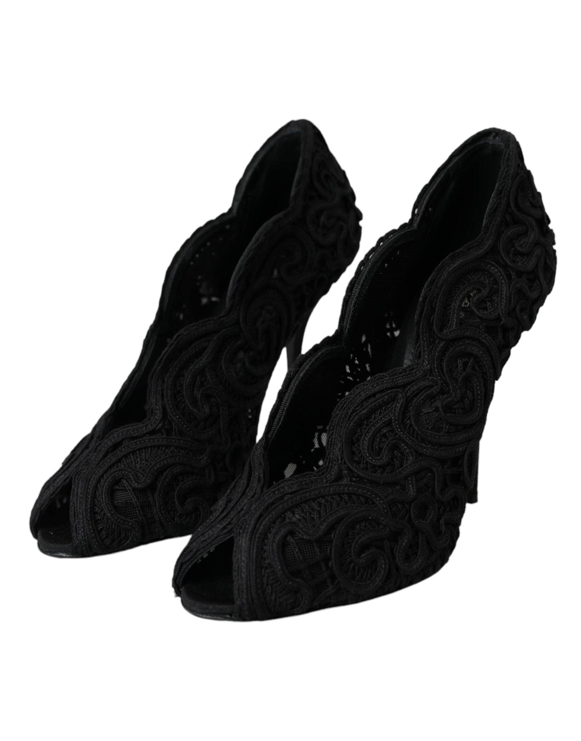 Dolce & Gabbana Black Cordonetto Ricamo Pump Open Toe Shoes - Hilstor
