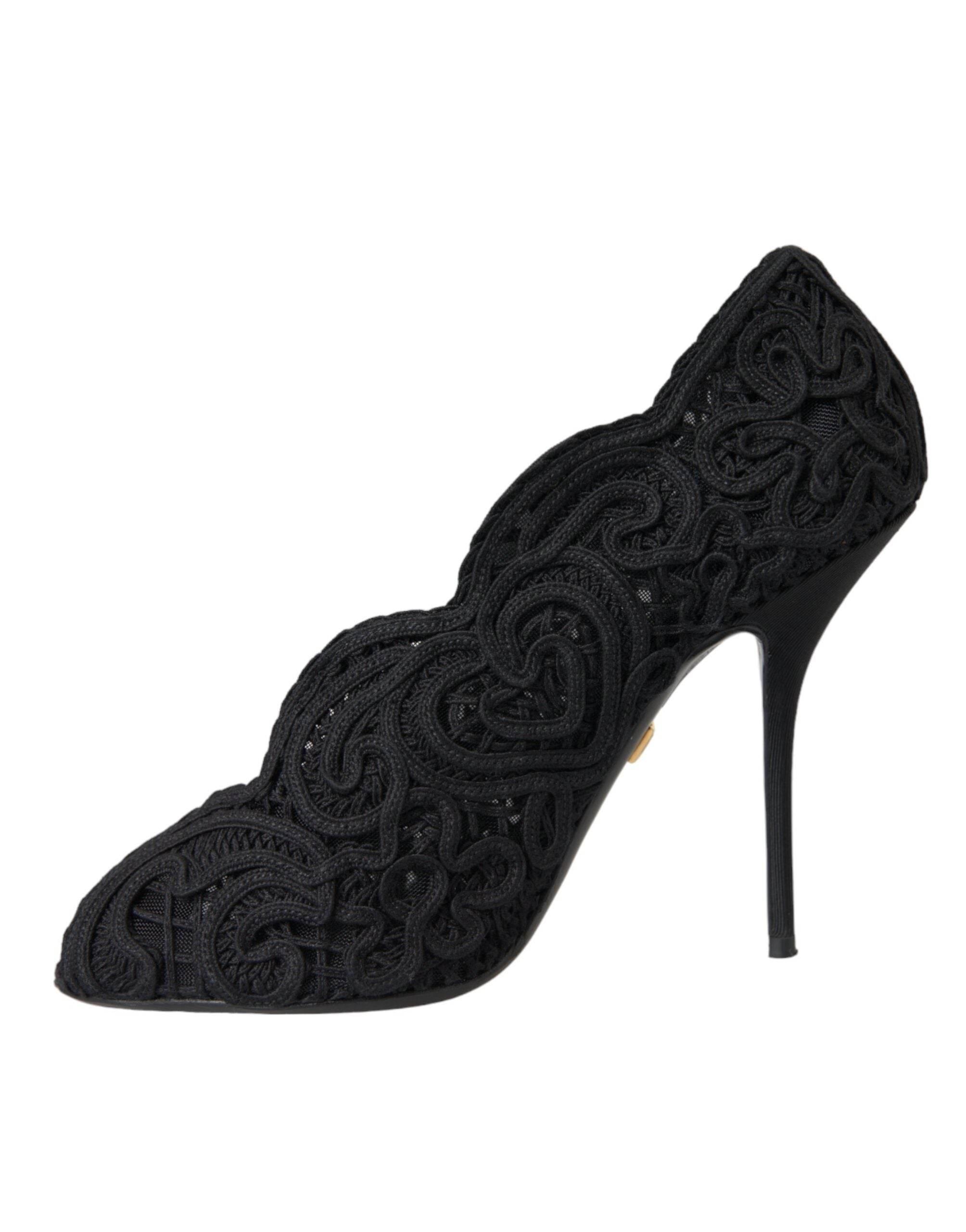 Dolce & Gabbana Black Cordonetto Ricamo Pump Open Toe Shoes - Hilstor