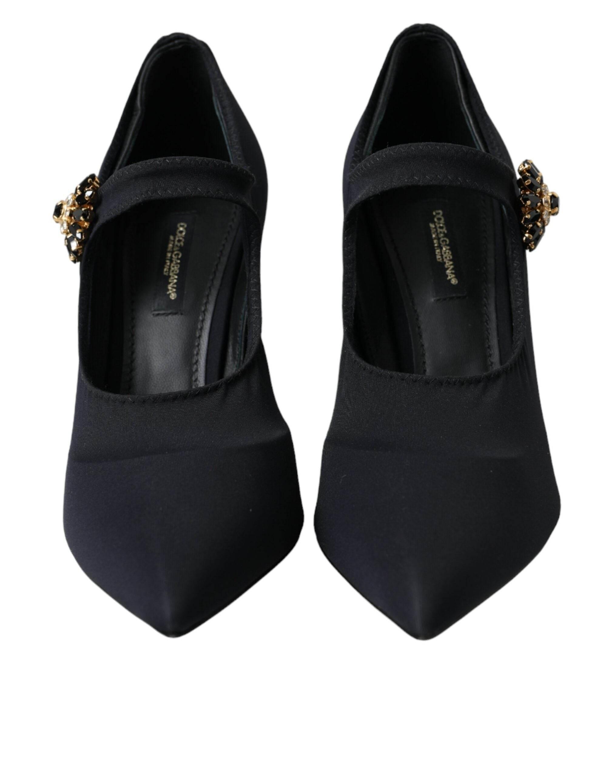 Dolce & Gabbana Black Mary Jane Jersey Crystal Pumps Shoes - Hilstor