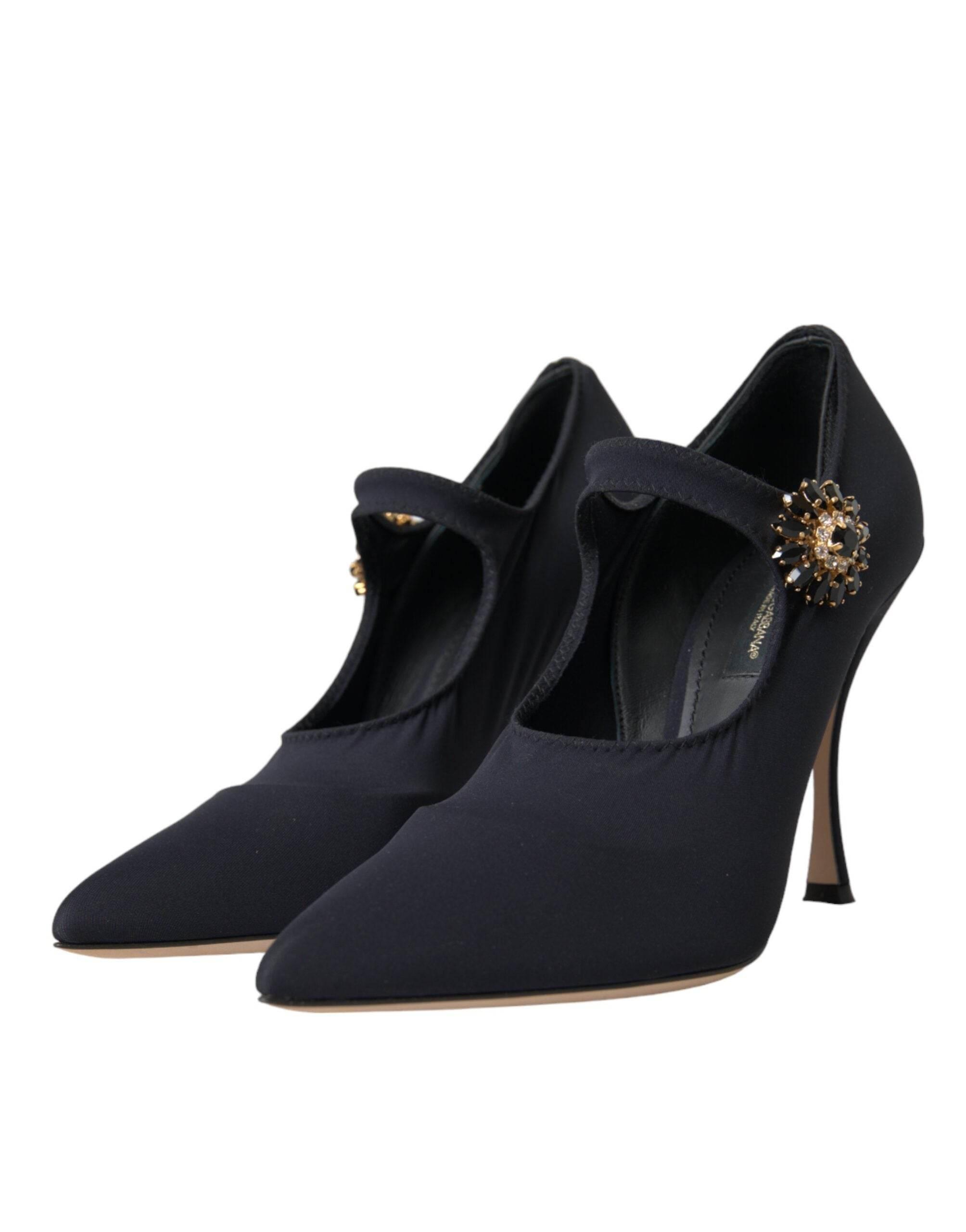 Dolce & Gabbana Black Mary Jane Jersey Crystal Pumps Shoes - Hilstor