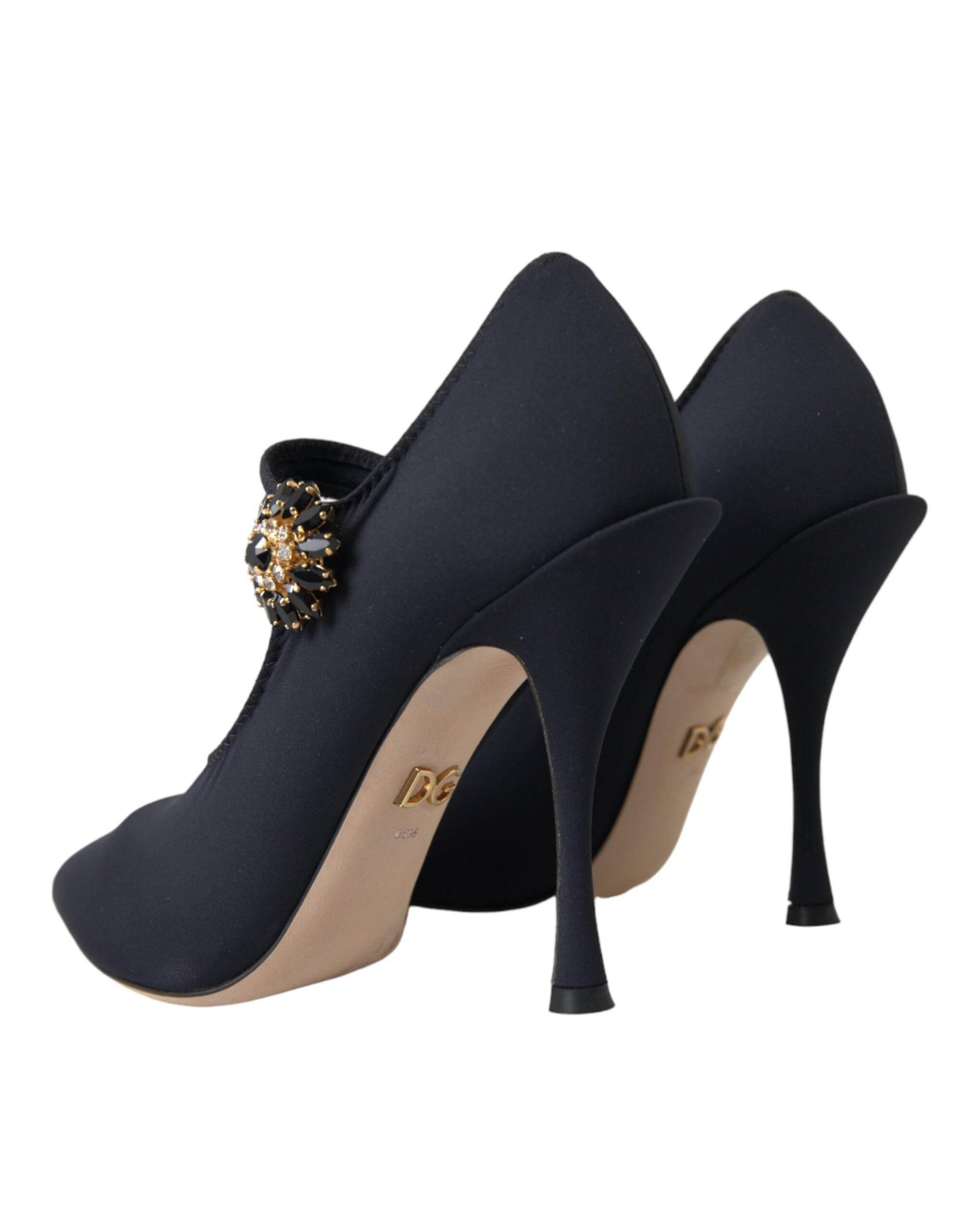 Dolce & Gabbana Black Mary Jane Jersey Crystal Pumps Shoes - Hilstor