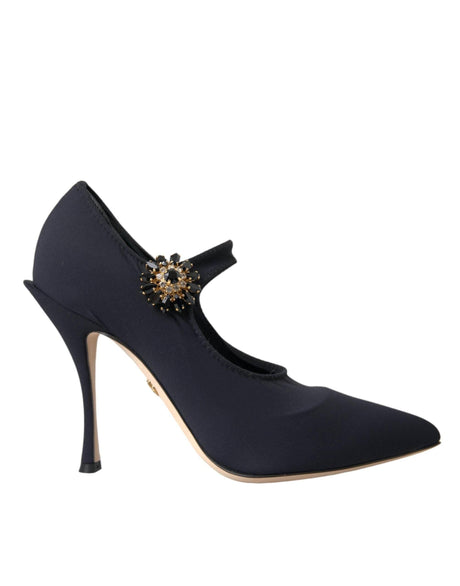 Dolce & Gabbana Black Mary Jane Jersey Crystal Pumps Shoes - Hilstor