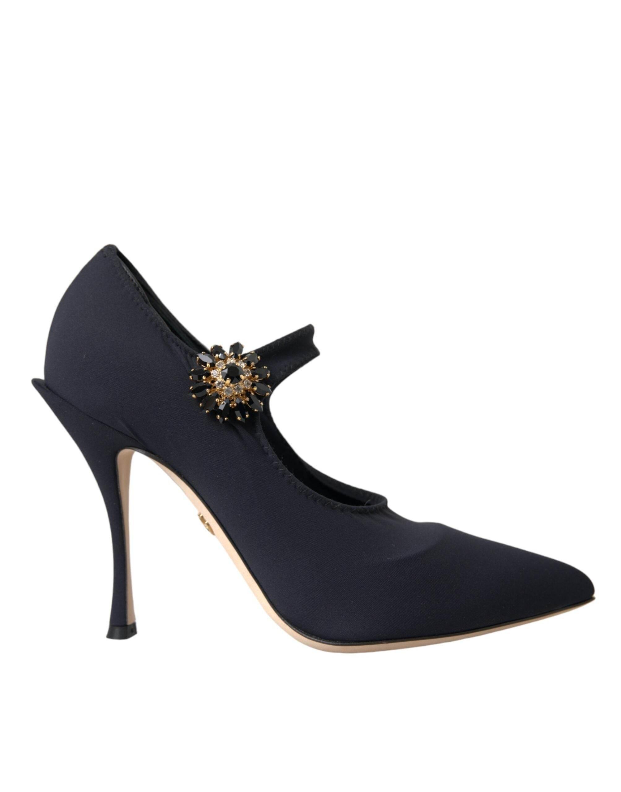 Dolce & Gabbana Black Mary Jane Jersey Crystal Pumps Shoes - Hilstor