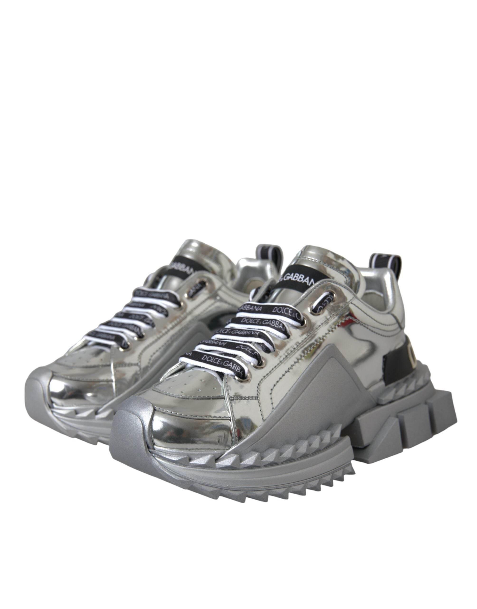 Dolce & Gabbana Silver Leather Super Queen Sneakers Shoes - Hilstor