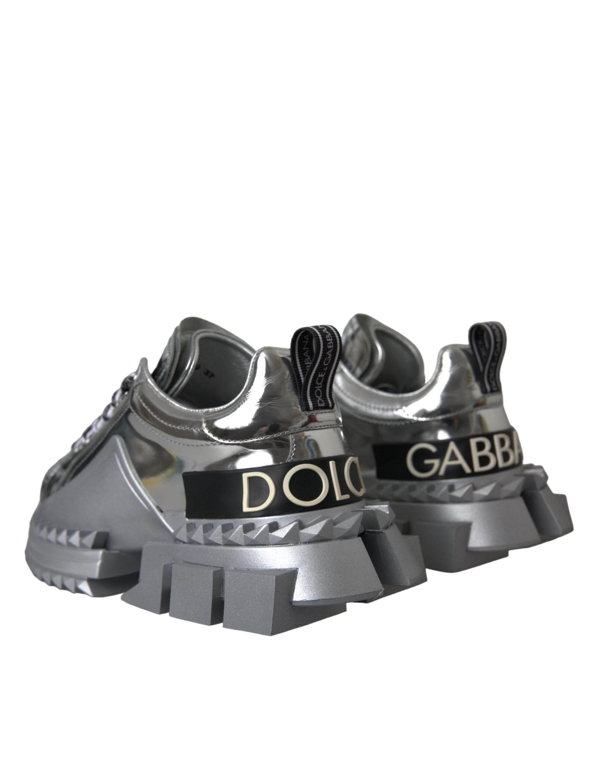 Dolce & Gabbana Silver Leather Super Queen Sneakers Shoes - Hilstor