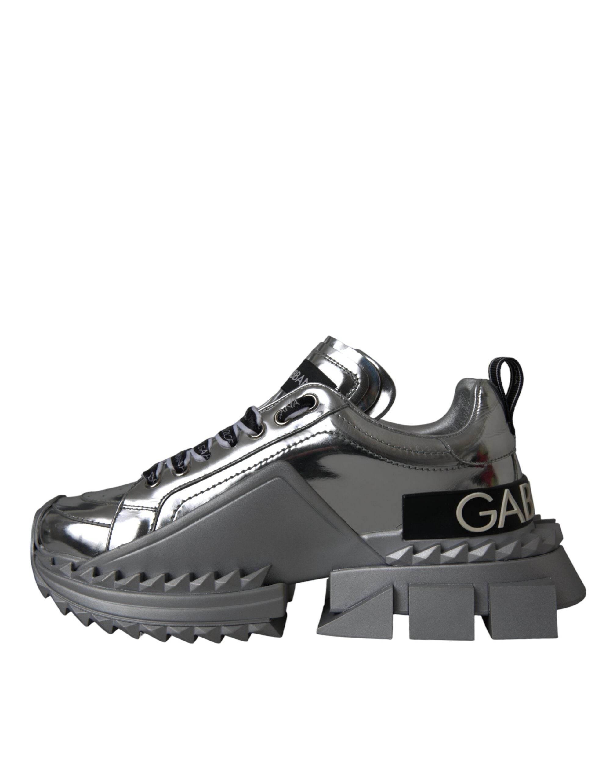 Dolce & Gabbana Silver Leather Super Queen Sneakers Shoes - Hilstor