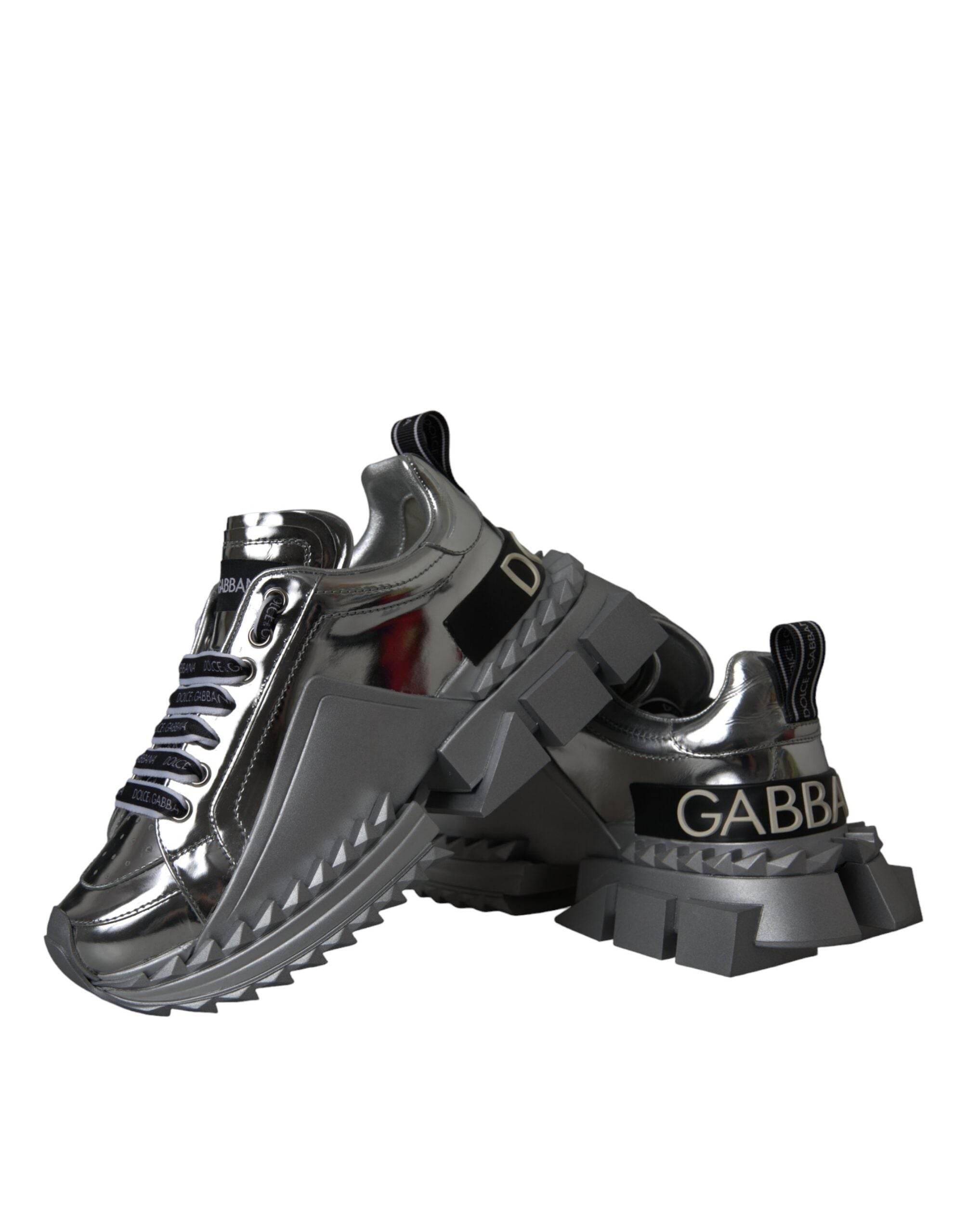 Dolce & Gabbana Silver Leather Super Queen Sneakers Shoes - Hilstor