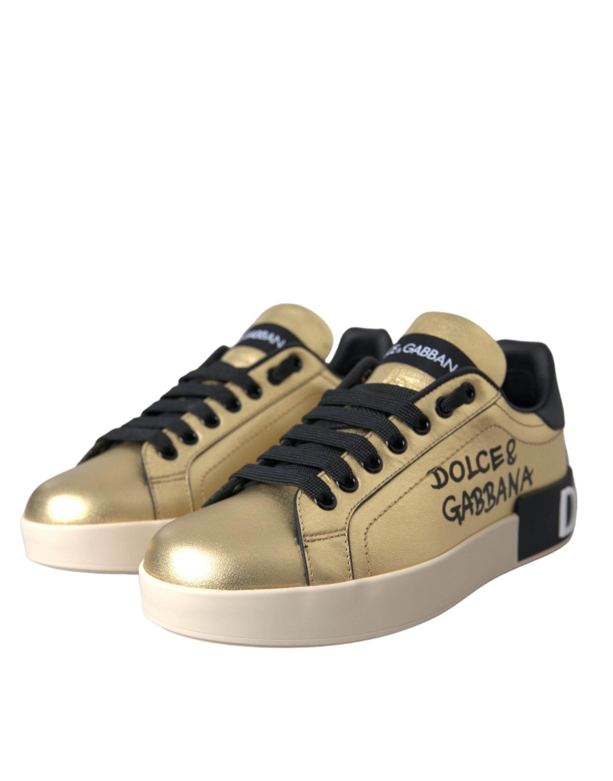 Dolce & Gabbana Gold Portofino Calf Leather Sneakers Women Shoes - Hilstor