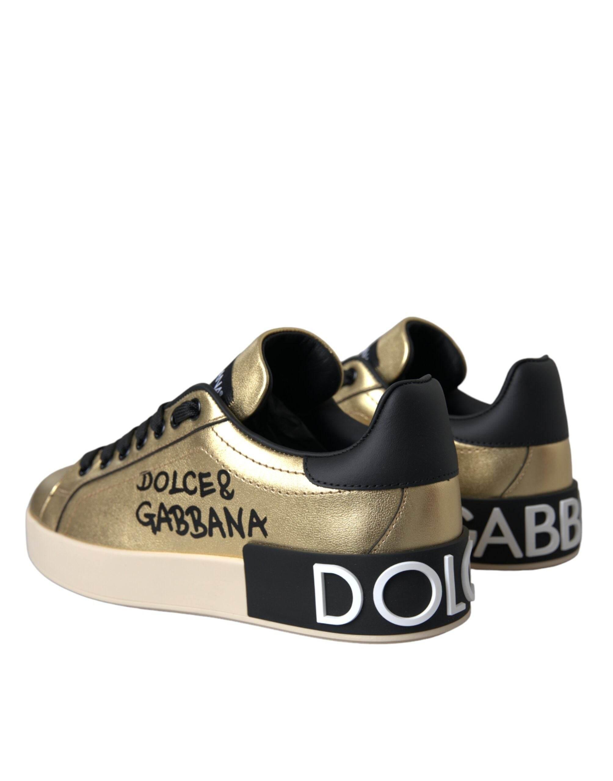 Dolce & Gabbana Gold Portofino Calf Leather Sneakers Women Shoes - Hilstor