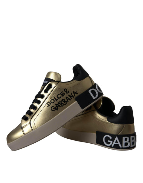 Dolce & Gabbana Gold Portofino Calf Leather Sneakers Women Shoes - Hilstor