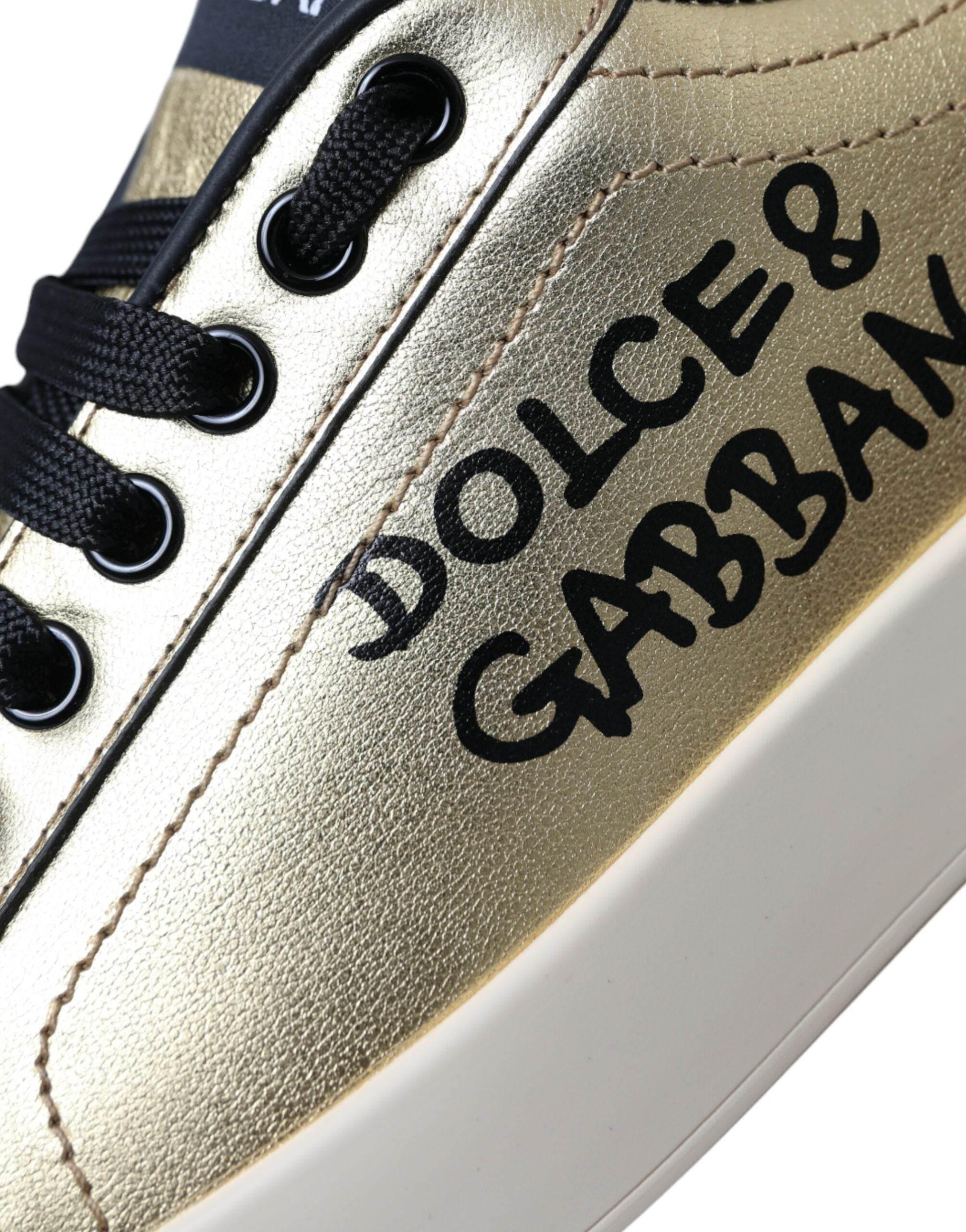Dolce & Gabbana Gold Portofino Calf Leather Sneakers Women Shoes - Hilstor
