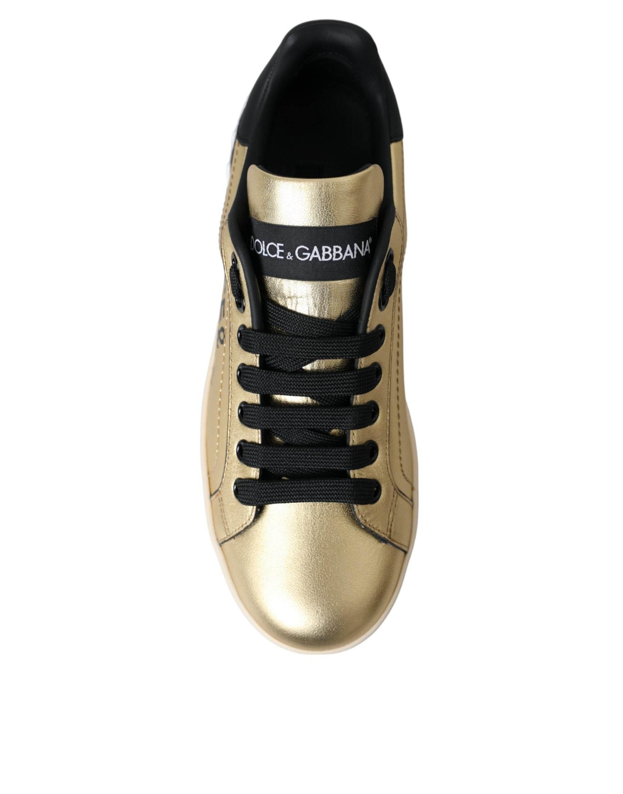 Dolce & Gabbana Gold Portofino Calf Leather Sneakers Women Shoes - Hilstor