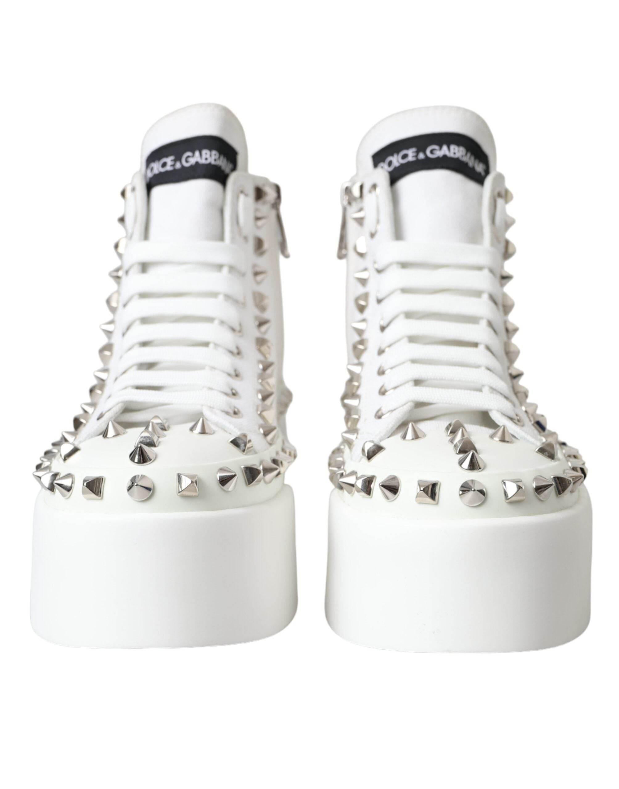 Dolce & Gabbana White Canvas Studded Sneakers Boots Shoes - Hilstor