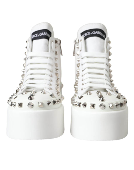 Dolce & Gabbana White Canvas Studded Sneakers Boots Shoes - Hilstor