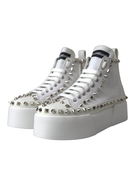 Dolce & Gabbana White Canvas Studded Sneakers Boots Shoes - Hilstor