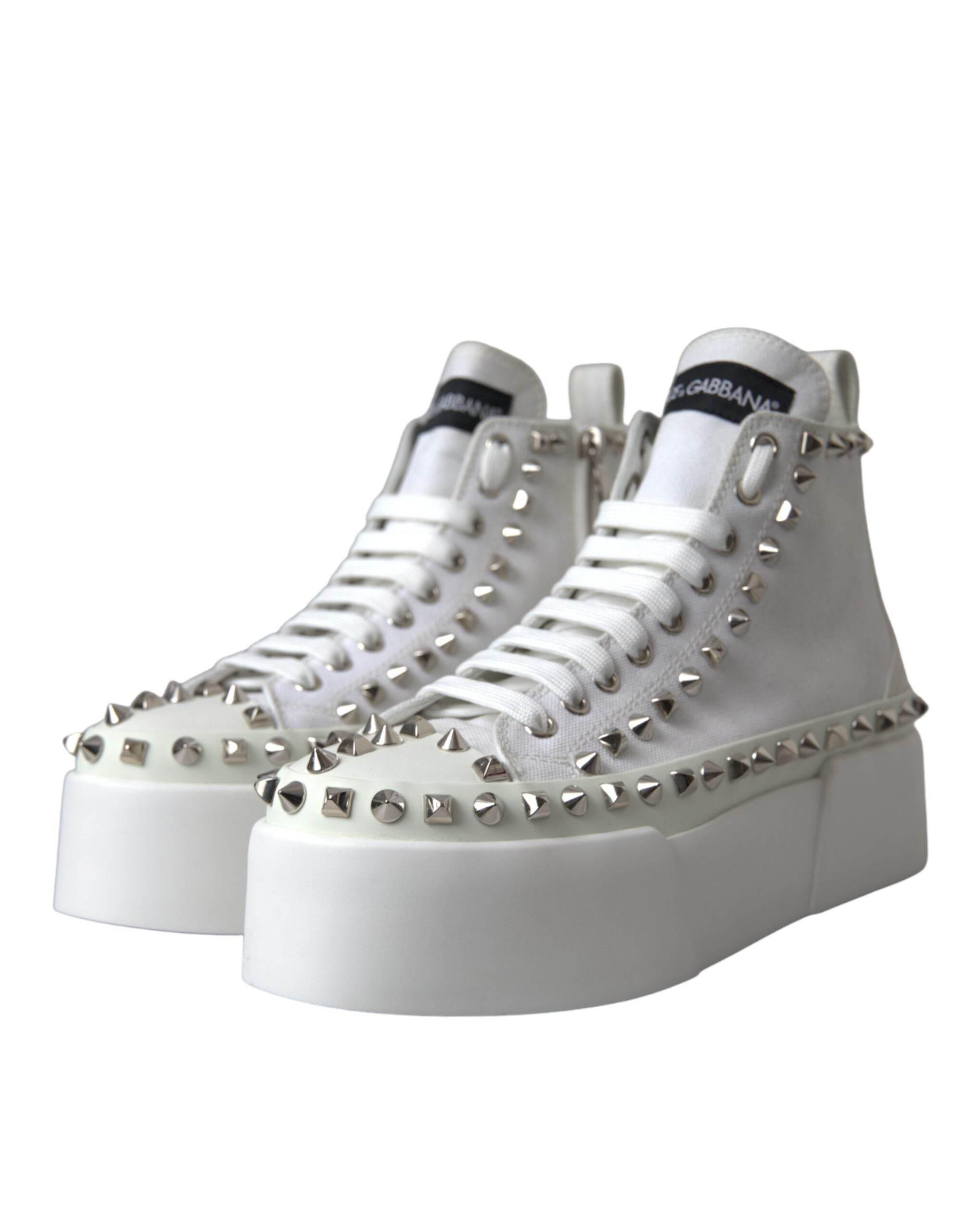 Dolce & Gabbana White Canvas Studded Sneakers Boots Shoes - Hilstor