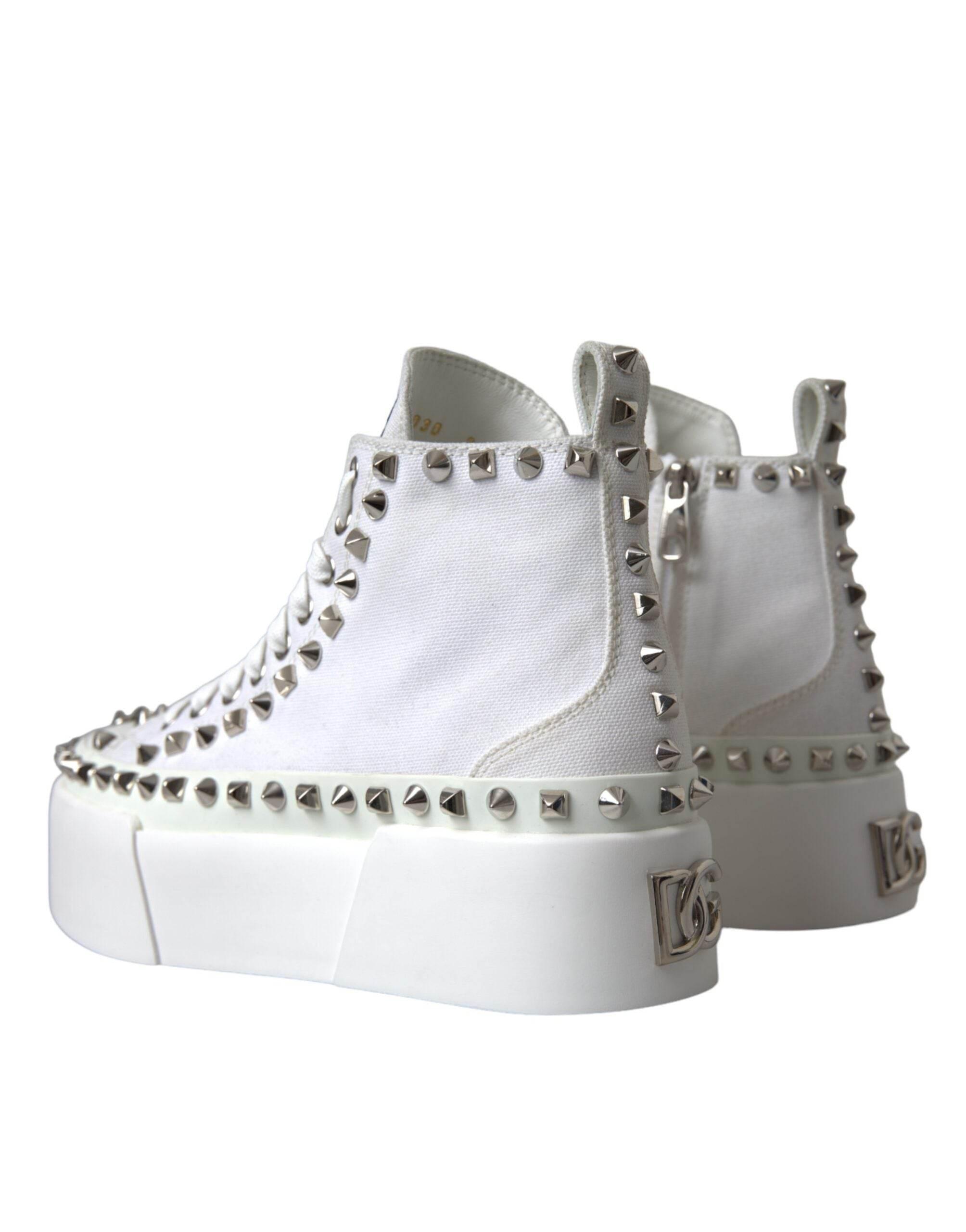 Dolce & Gabbana White Canvas Studded Sneakers Boots Shoes - Hilstor