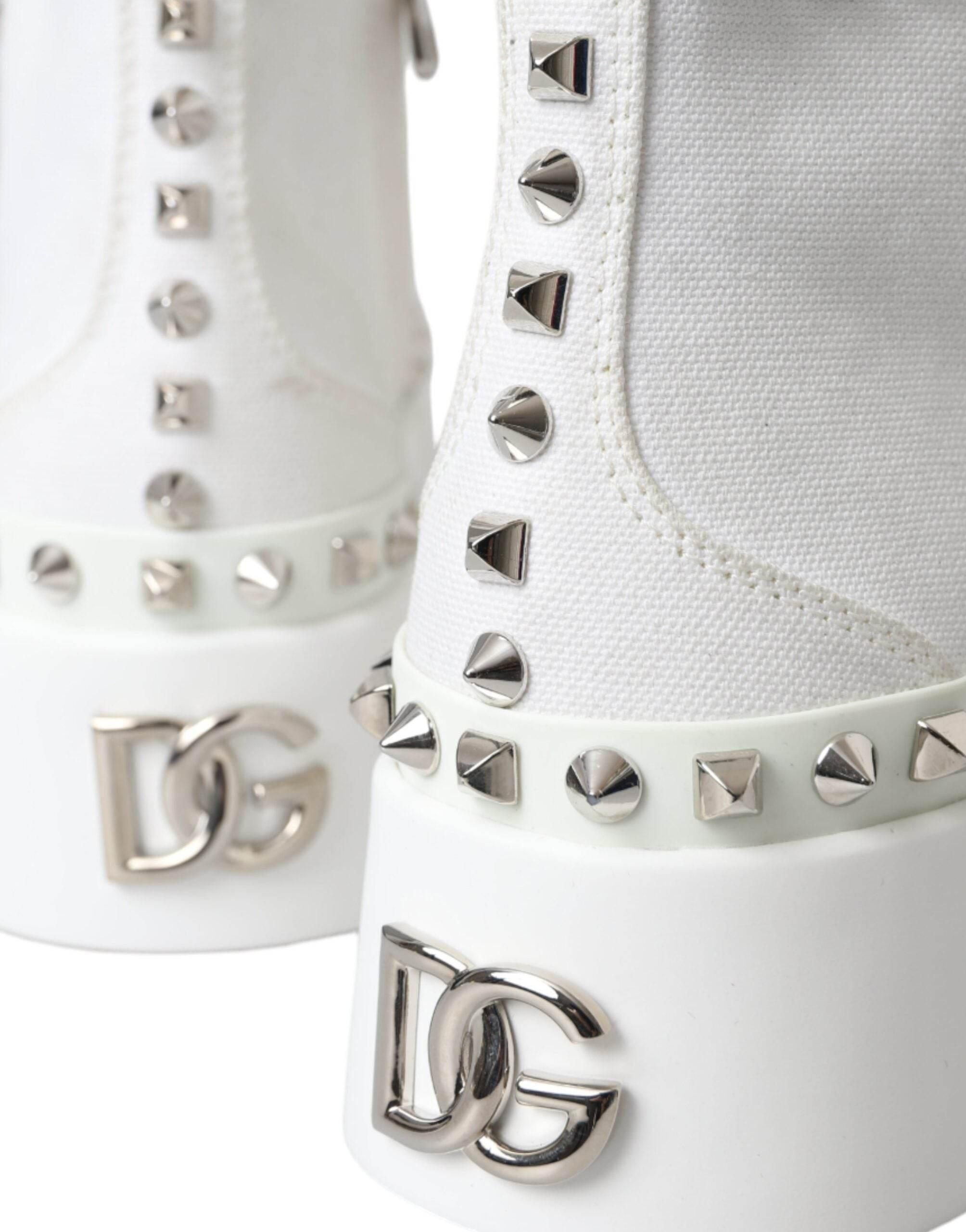 Dolce & Gabbana White Canvas Studded Sneakers Boots Shoes - Hilstor