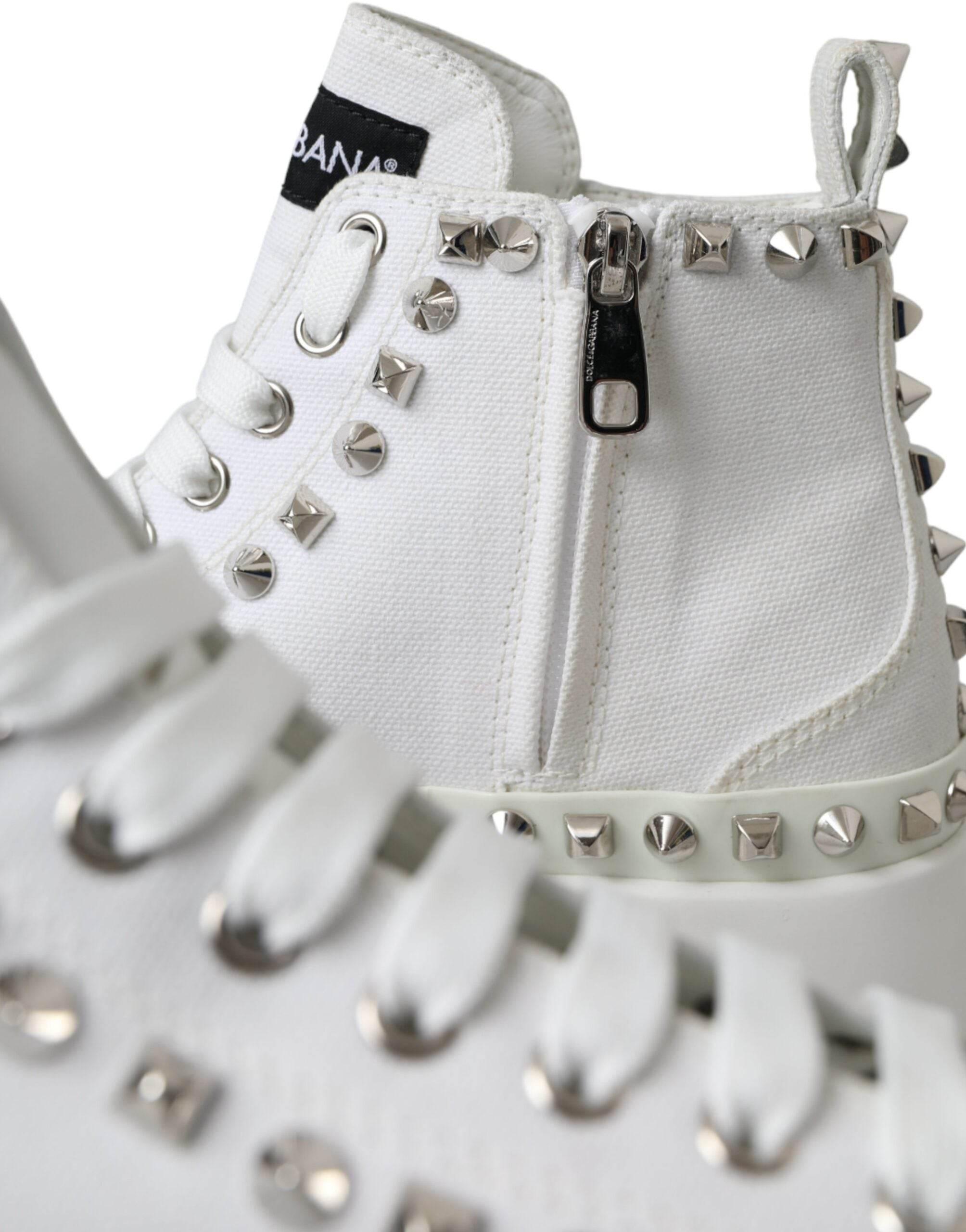 Dolce & Gabbana White Canvas Studded Sneakers Boots Shoes - Hilstor