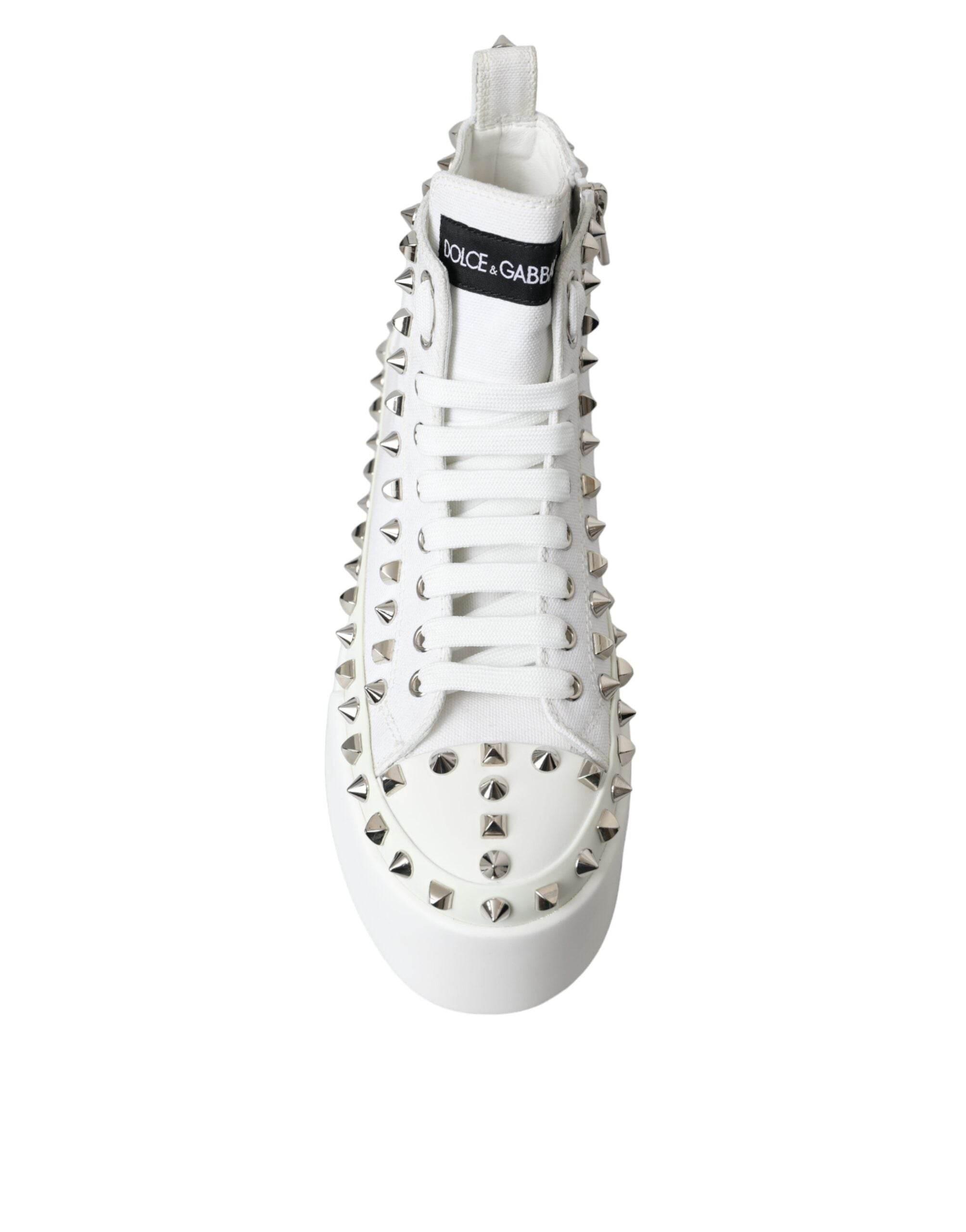 Dolce & Gabbana White Canvas Studded Sneakers Boots Shoes - Hilstor