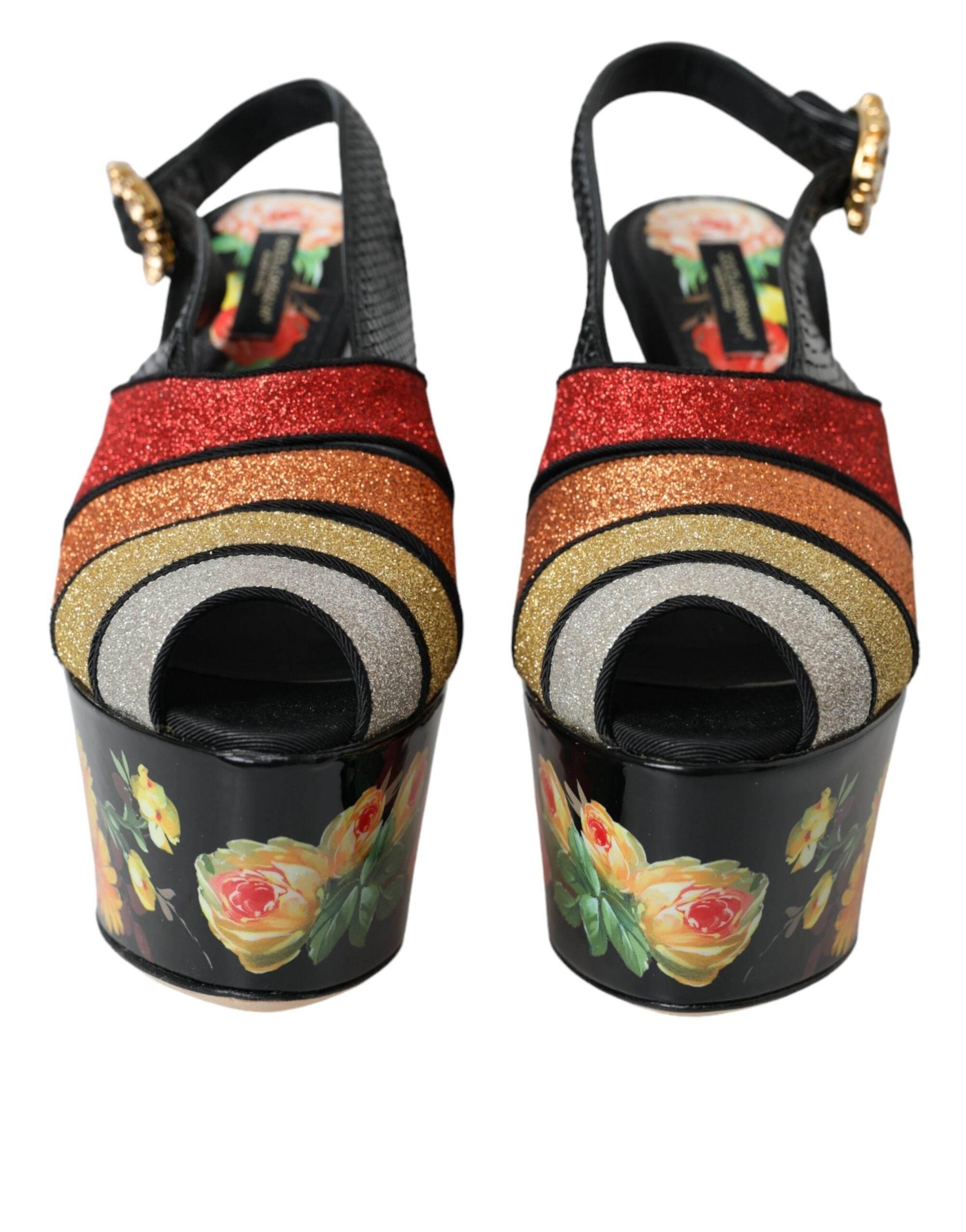 Dolce & Gabbana Multicolor Floral Crystal Platform Sandals Shoes - Hilstor