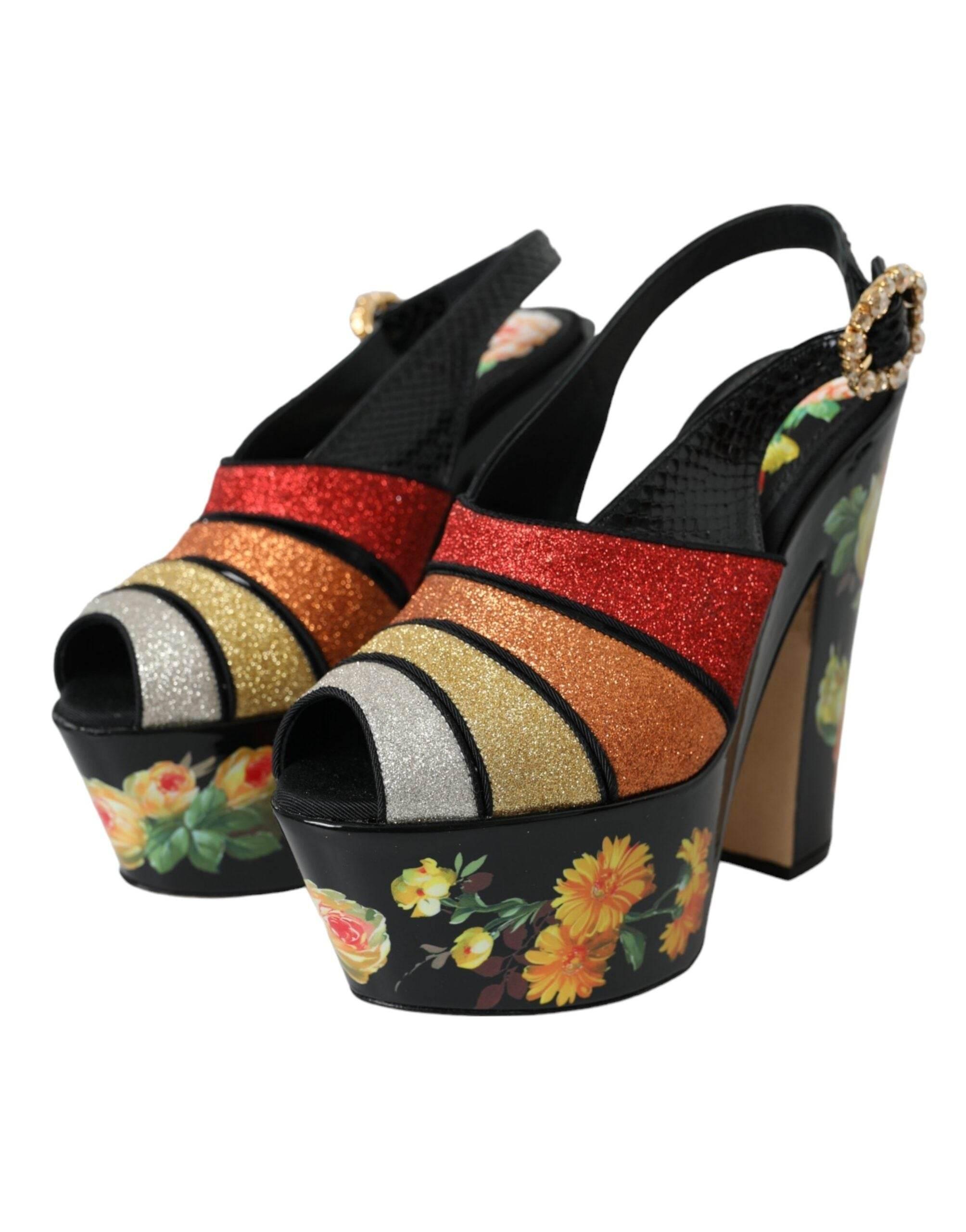 Dolce & Gabbana Multicolor Floral Crystal Platform Sandals Shoes - Hilstor