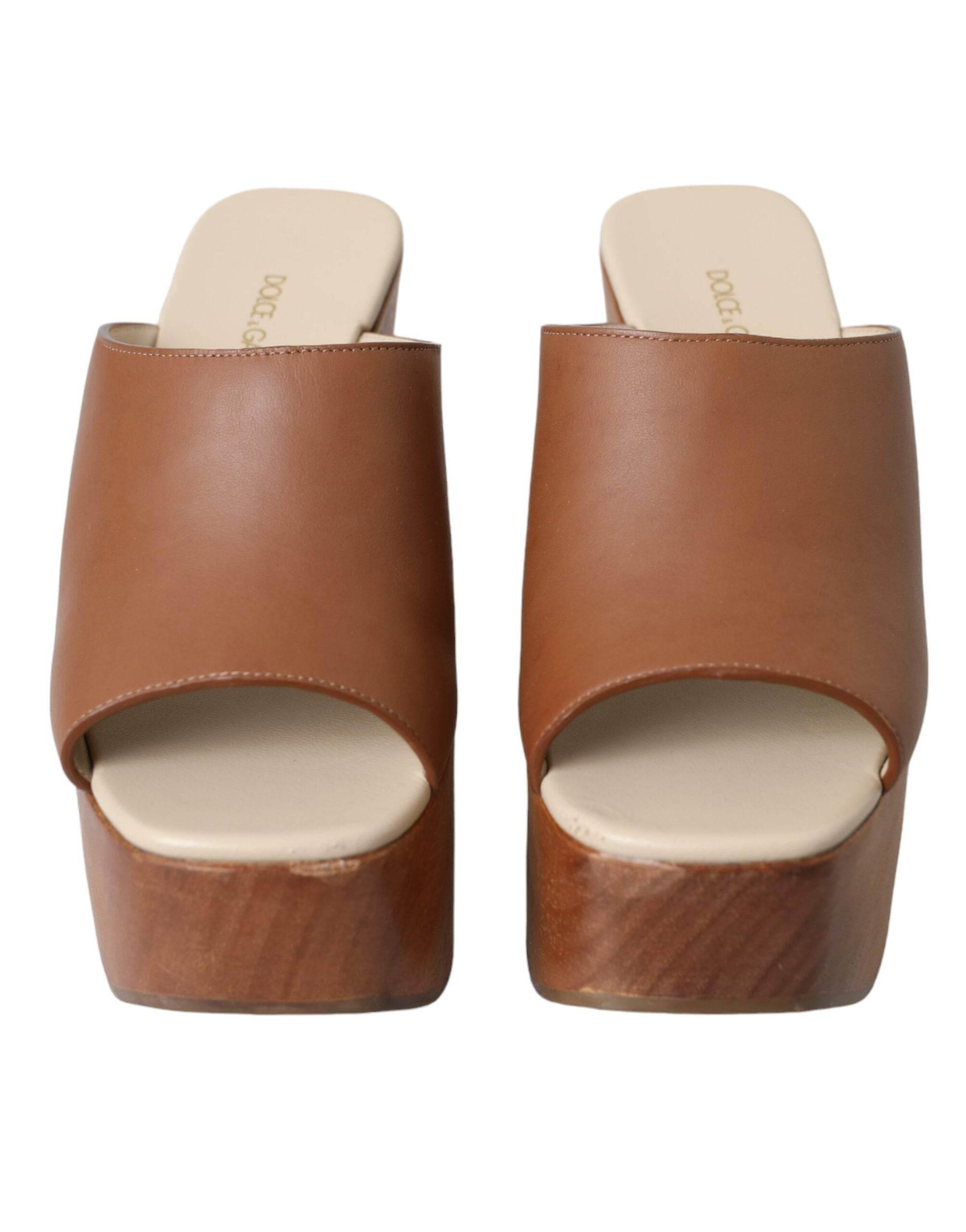 Dolce & Gabbana Brown Leather Wood Mules Wedge Slides Shoes - Hilstor